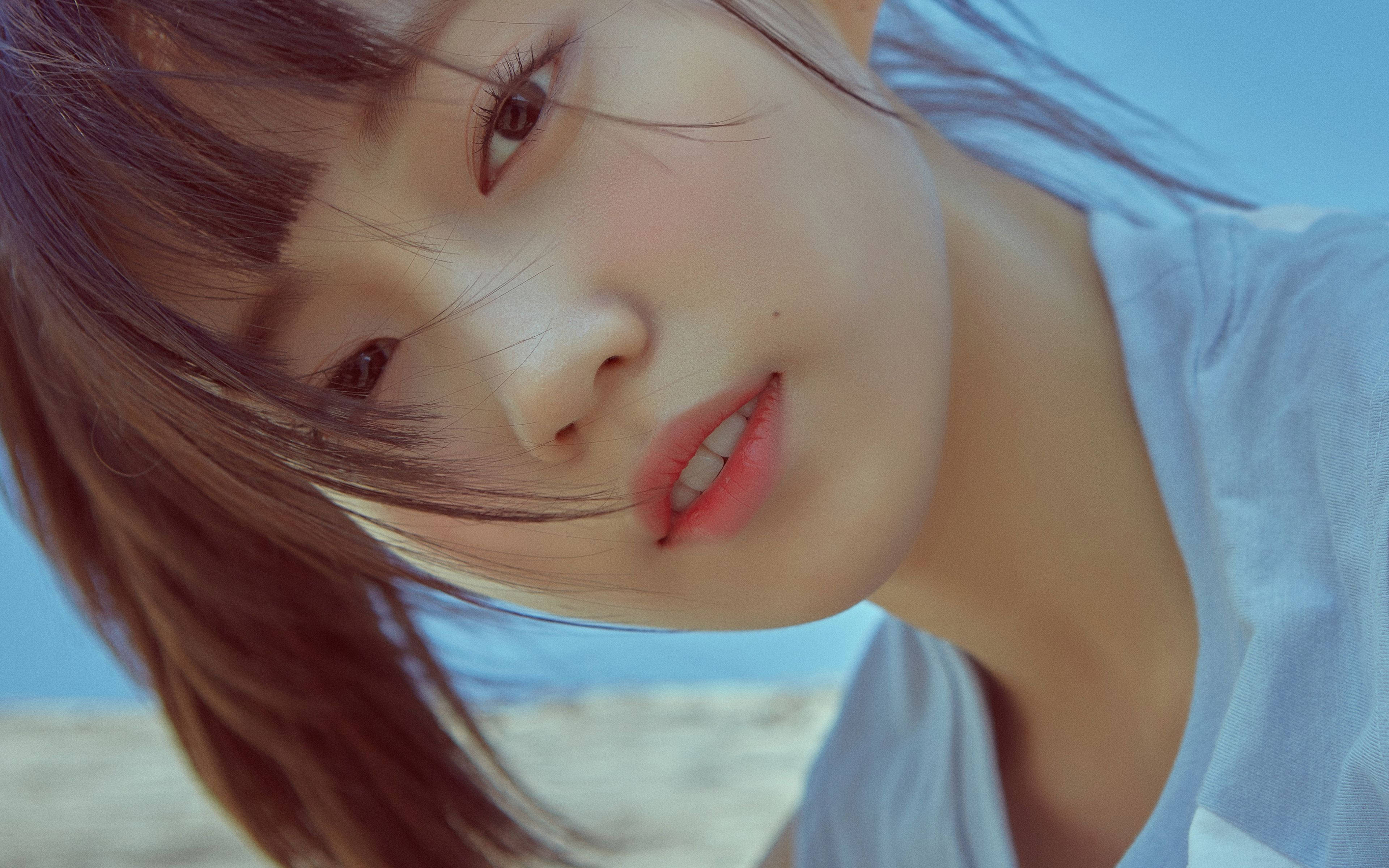 cute japanese girl, brown hair, red lips, 4K Desktop Wallpaper