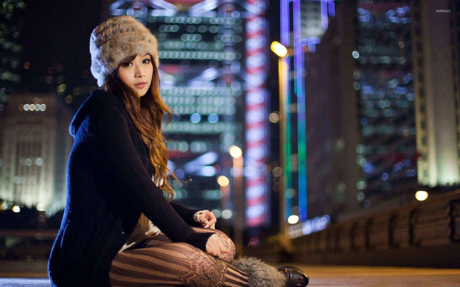 Japanese Girl, city at night, fur hat, Full HD Desktop Wallpaper