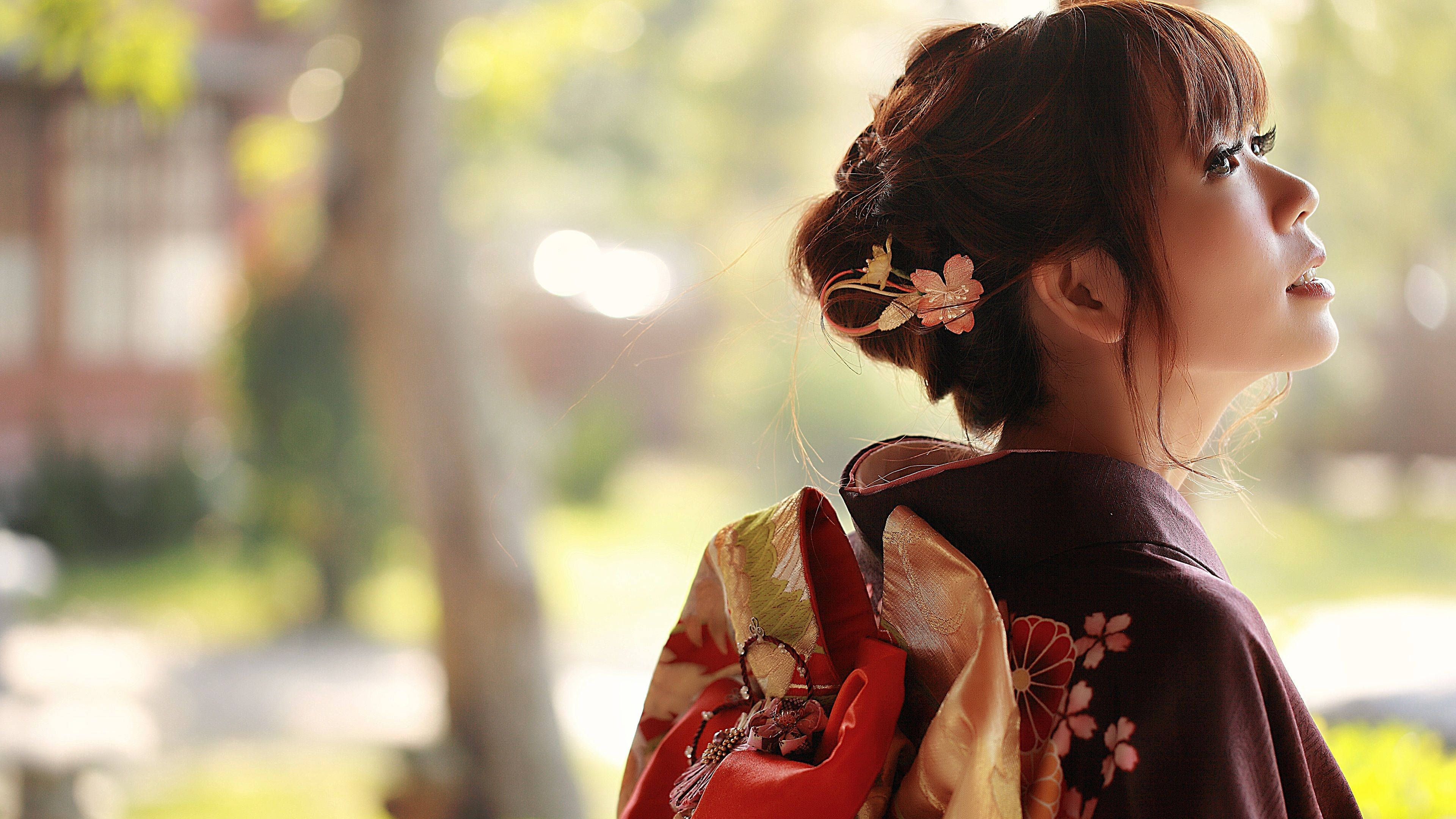 floral kimono, floral hair pin, sunlit garden, 4K Desktop Wallpaper