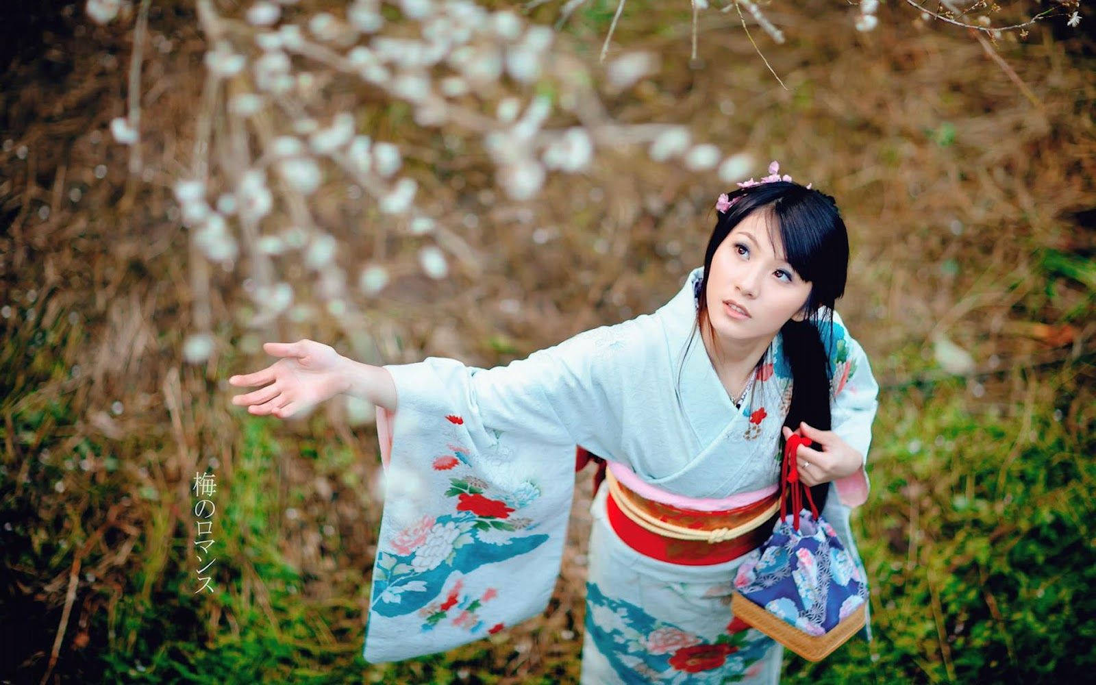 floral kimono, cherry blossoms, forest, HD Desktop Wallpaper