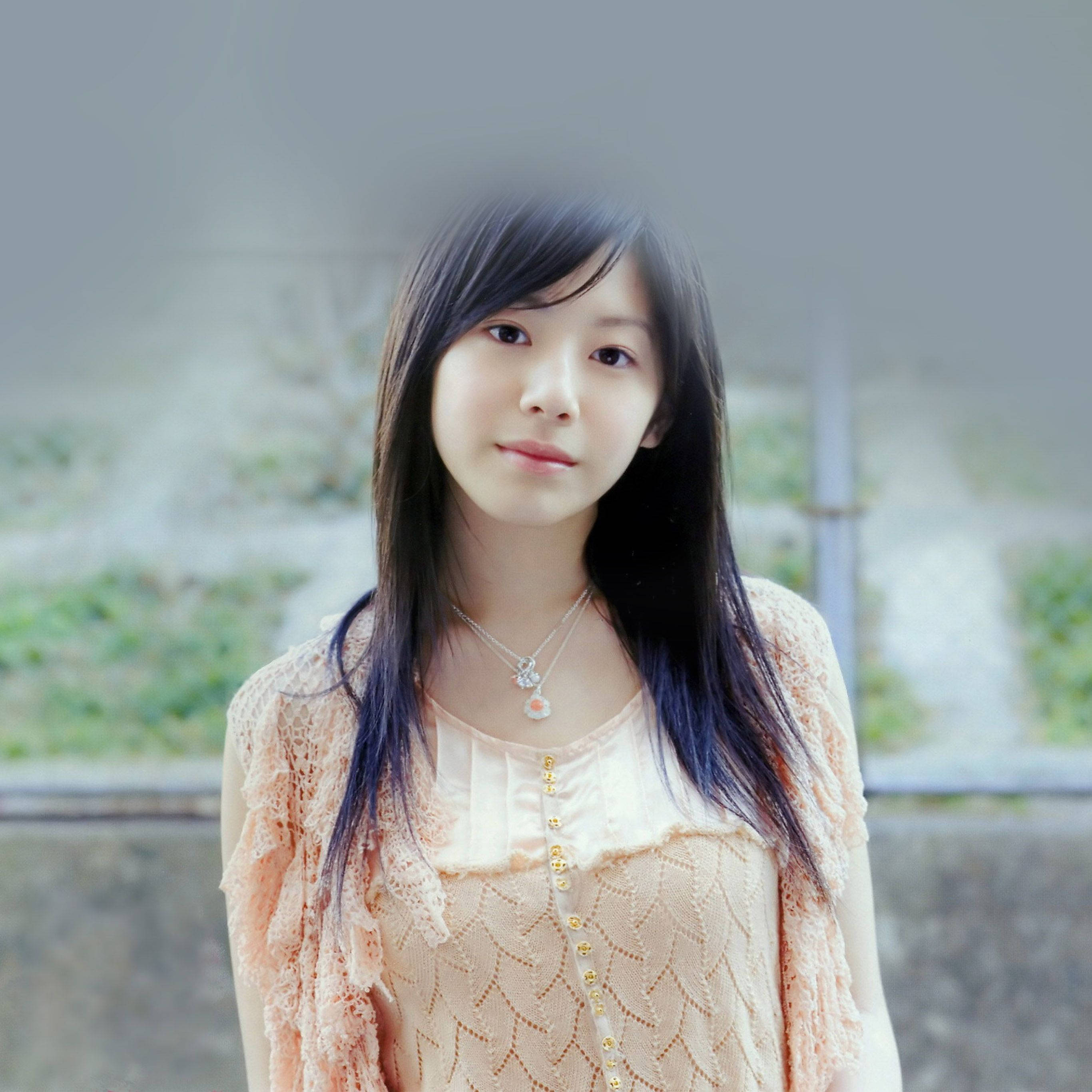 Japanese Girl, long dark hair, soft peach lace top, 2K Desktop Wallpaper