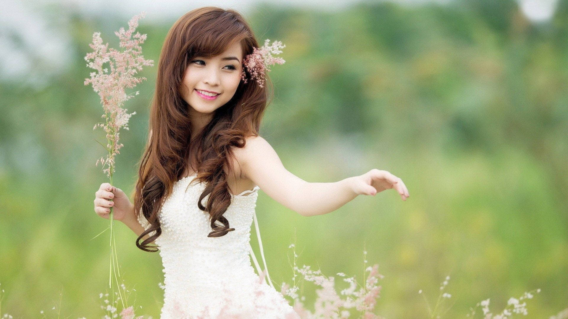 Japanese Girl, white dress, pink grasses, Full HD Desktop Wallpaper