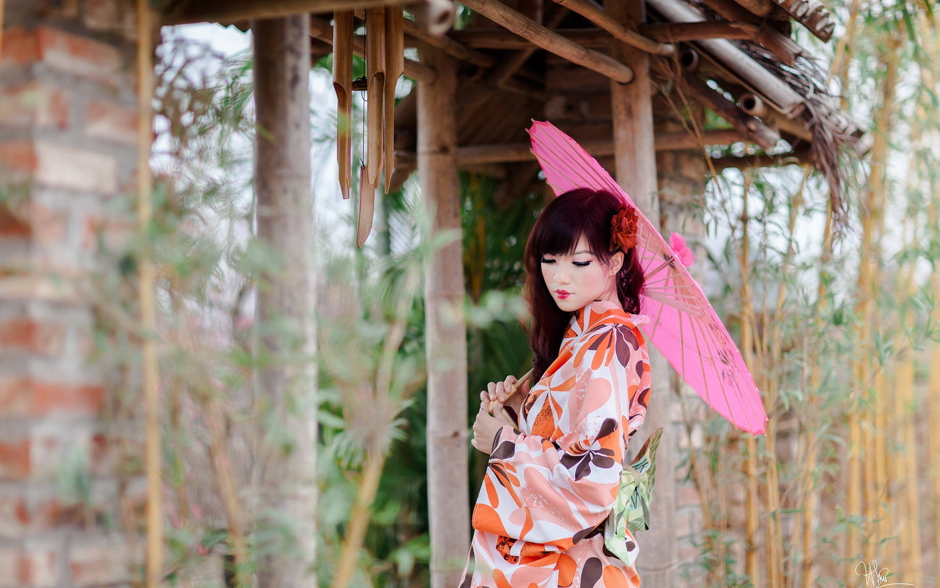 bright pink parasol, floral kimono, bamboo pavilion, Full HD Desktop Wallpaper