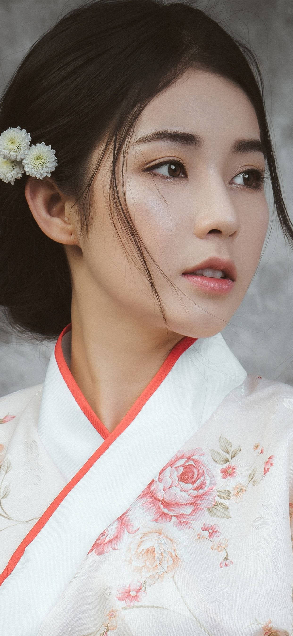 white floral kimono, red trim, white flowers, 2K Phone Wallpaper