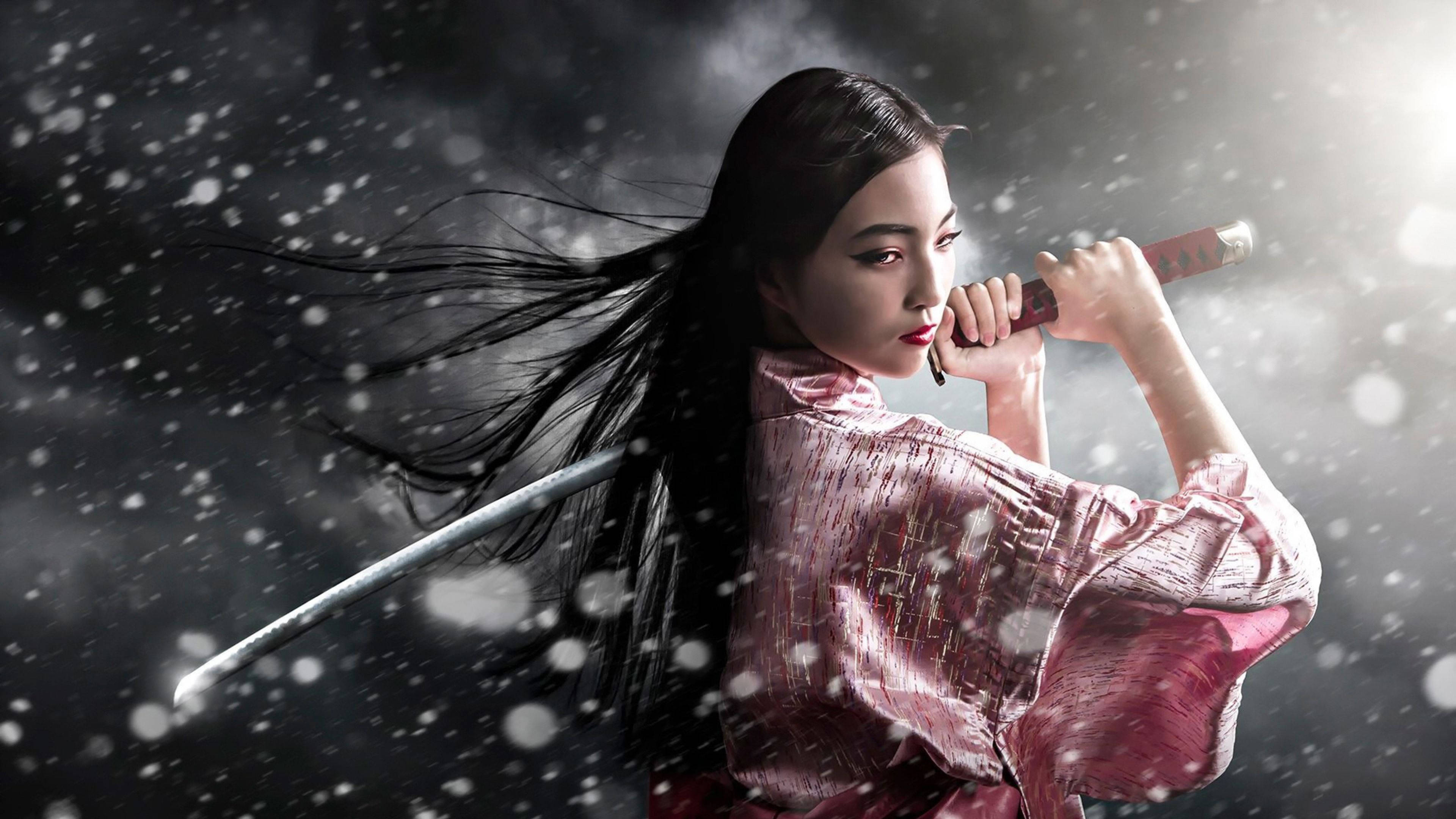 samurai woman, pink kimono, katana, 4K Desktop Wallpaper