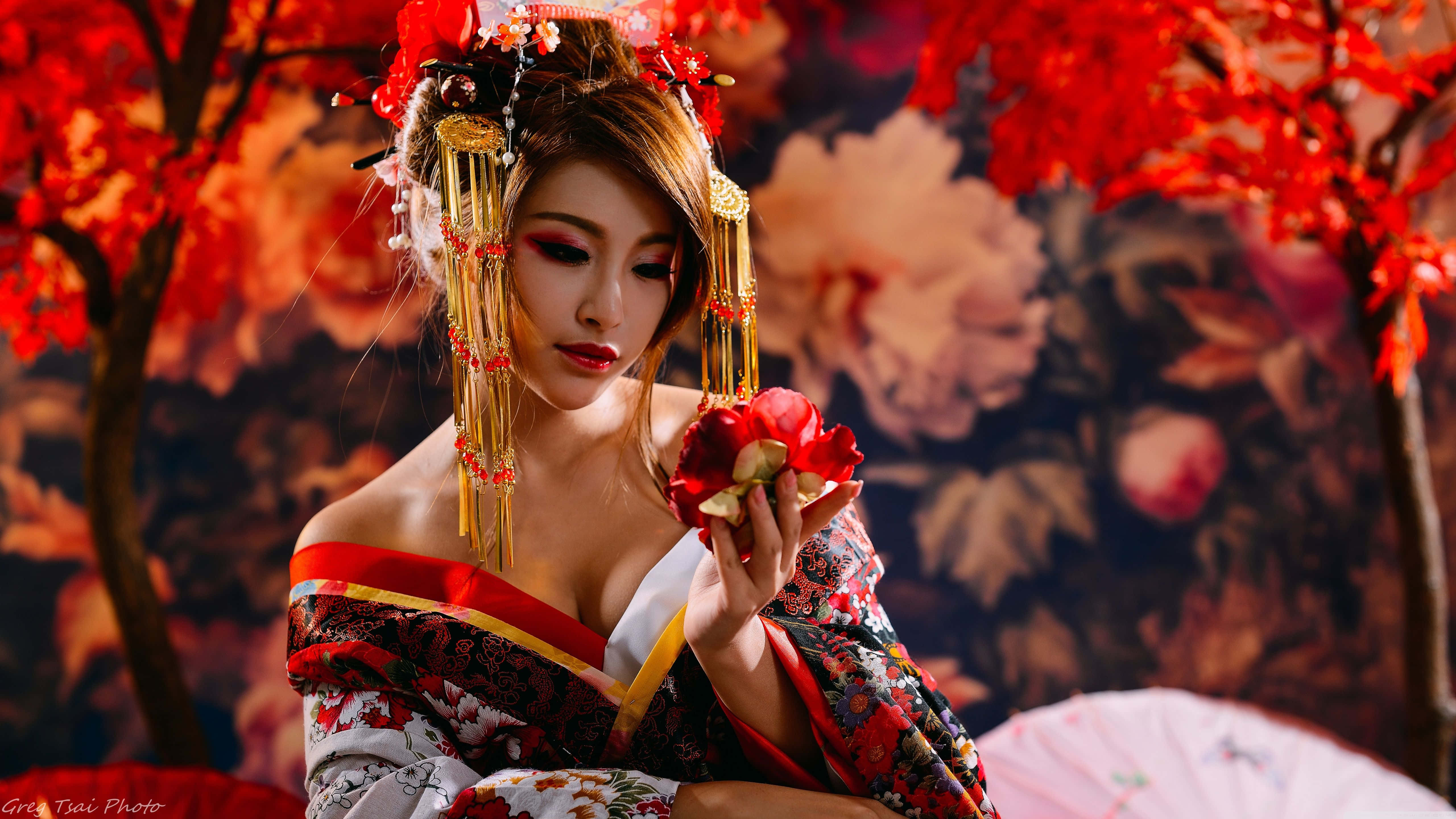 ornate traditional attire, red flower, fiery autumn leaves, 5K Desktop Wallpaper