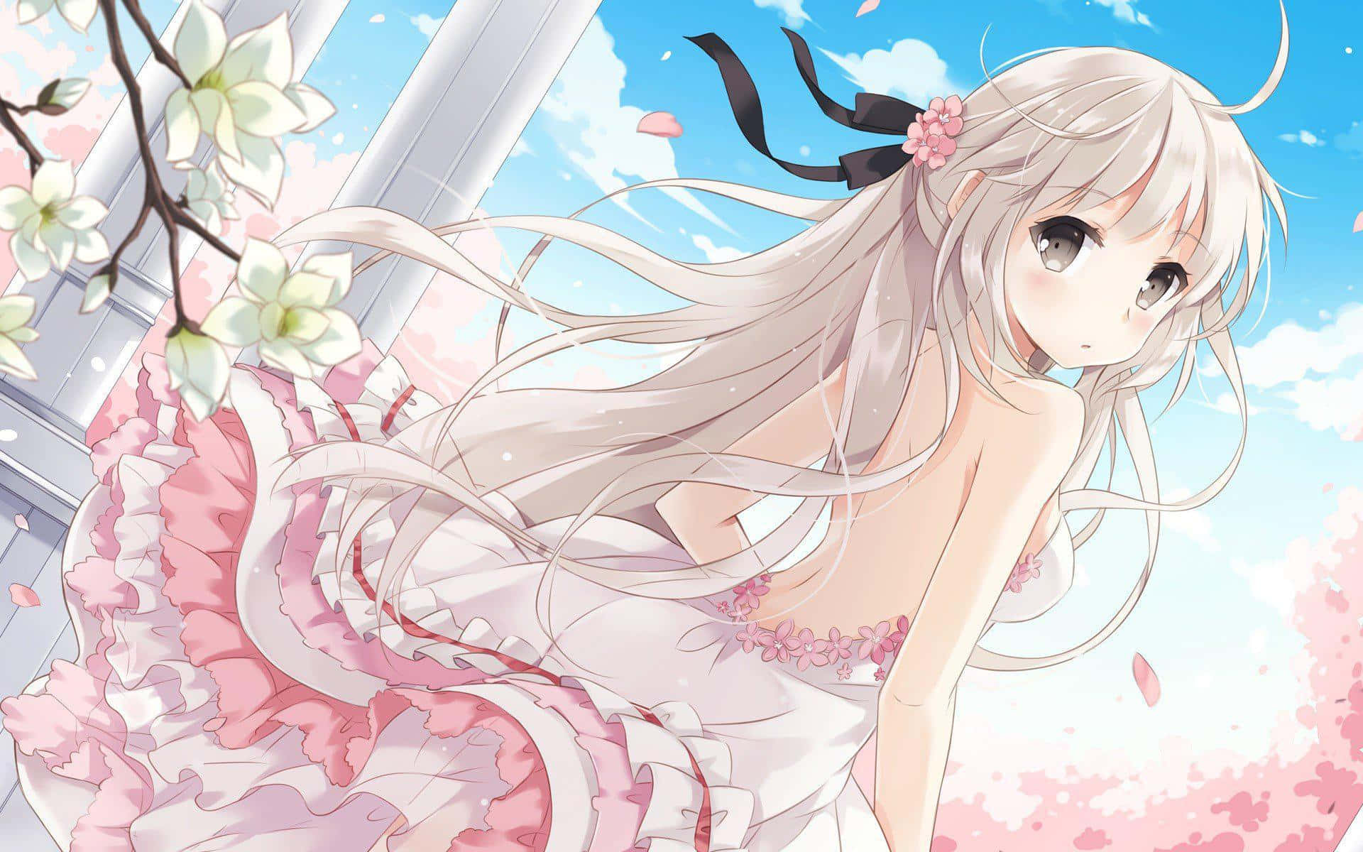 anime girl, silver hair, pink dress, Full HD Desktop Wallpaper