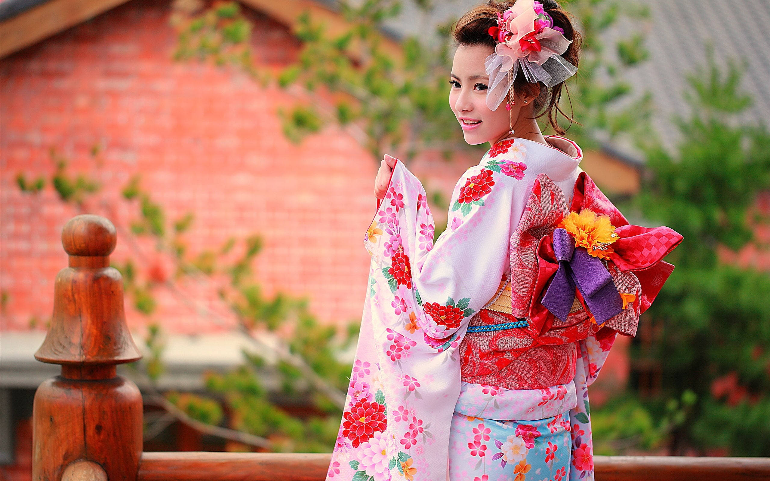 colorful kimono, vibrant floral kimono, wooden balcony, 2K Desktop Wallpaper