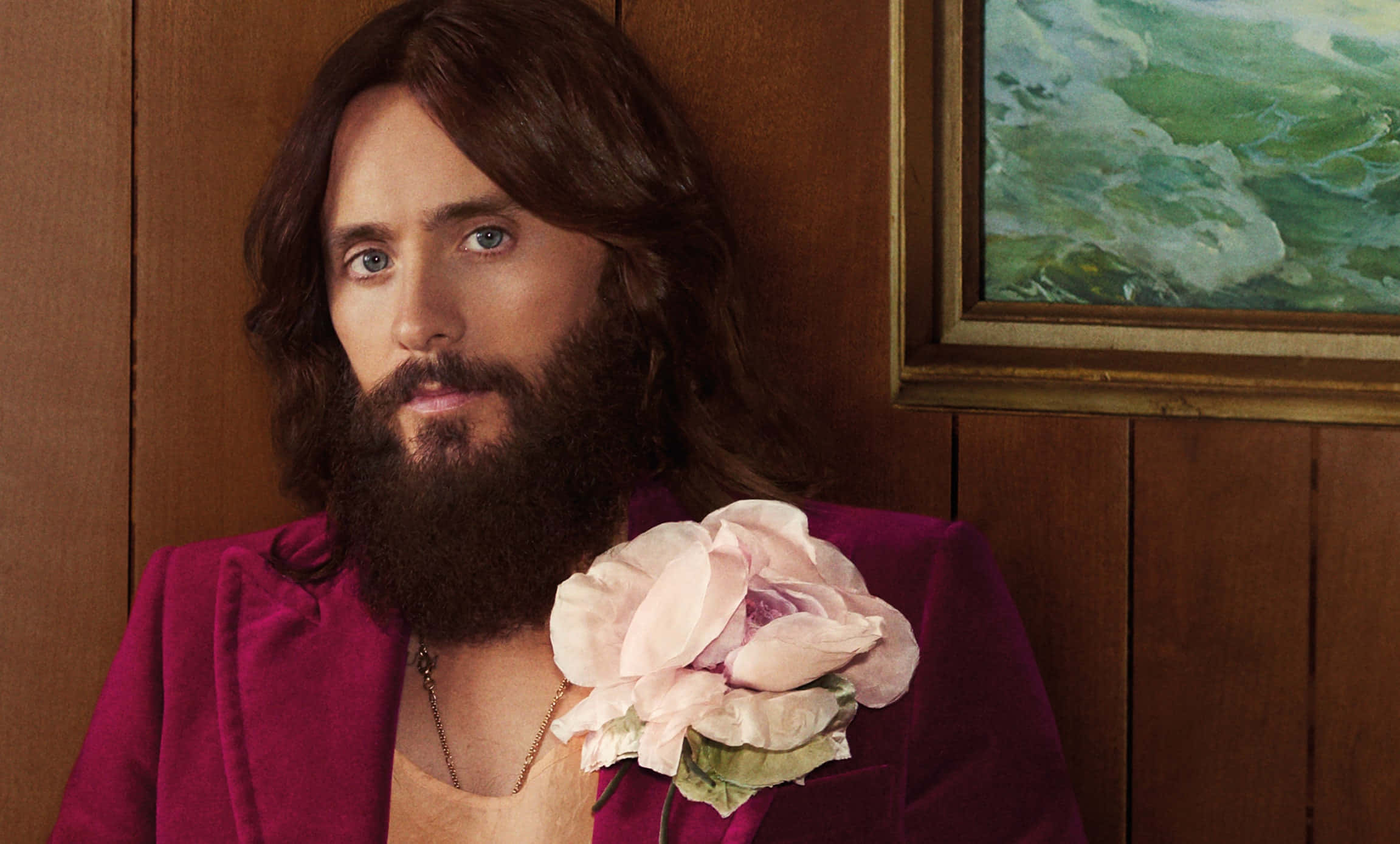 Jared Leto, magenta velvet jacket, pink peony, Full HD Desktop Wallpaper