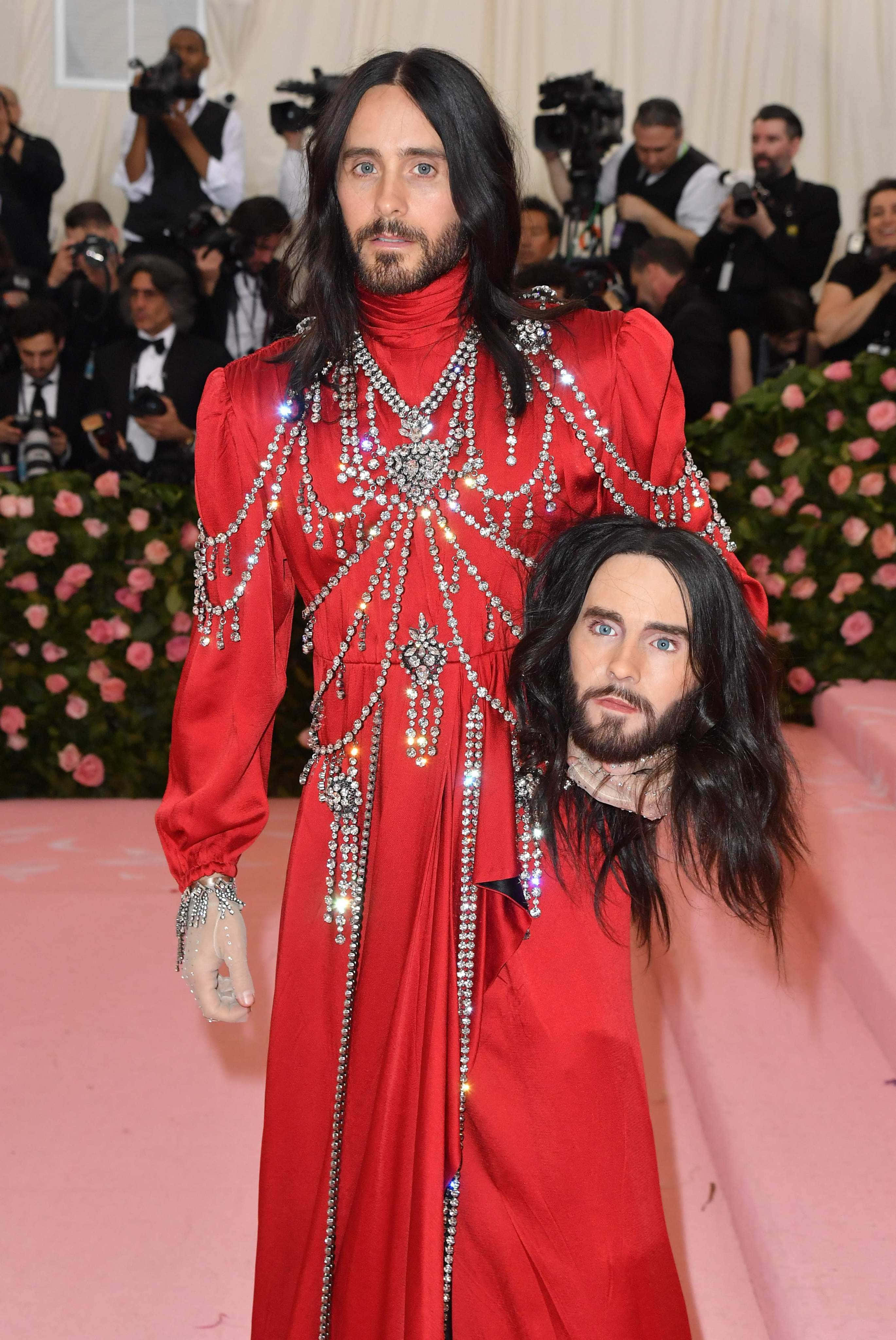 Jared Leto, red bejeweled gown, severed head, 4K Phone Wallpaper