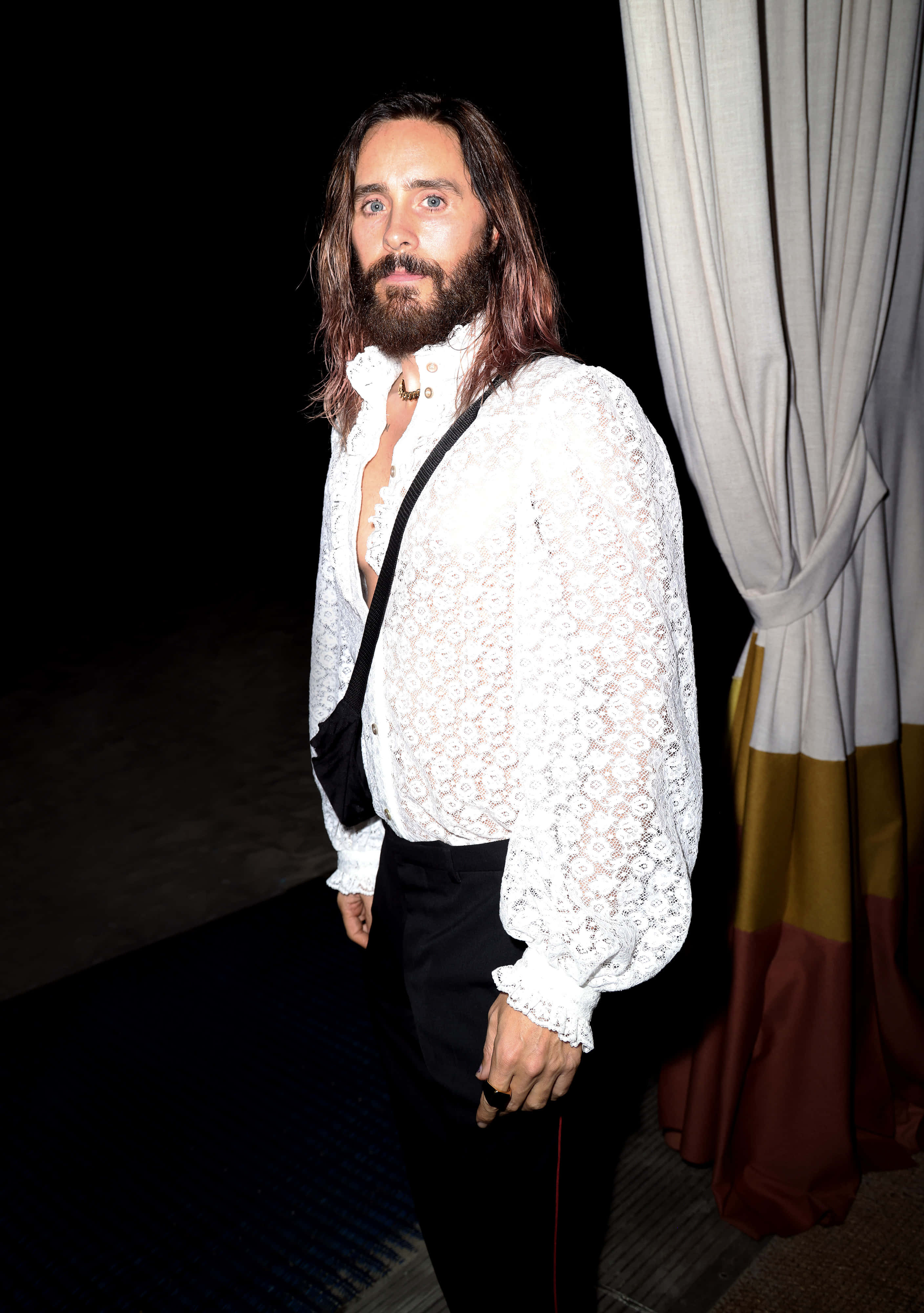 Jared Leto, white lace shirt, black pants, 4K Phone Wallpaper