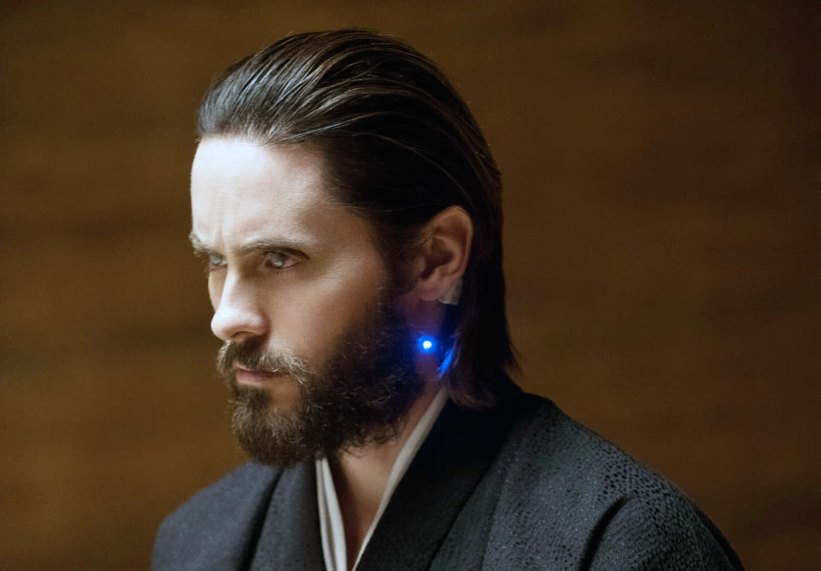 Jared Leto, black robe, glowing blue earpiece, HD Desktop Wallpaper