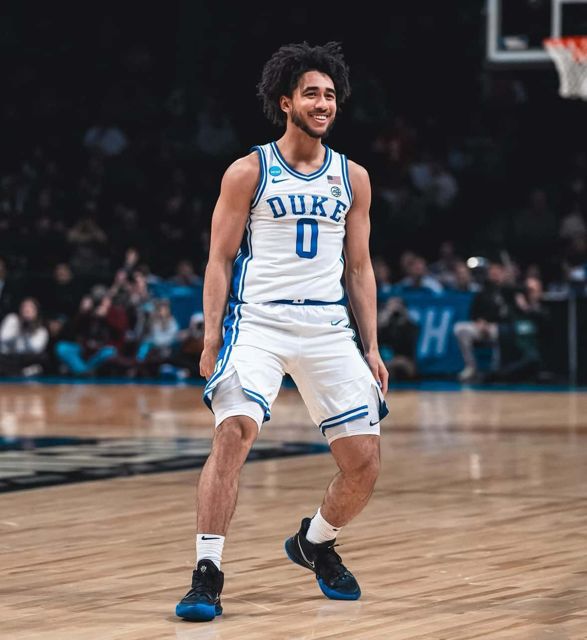 Duke basketball player, white and blue uniform, polished wooden court, HD Phone Wallpaper