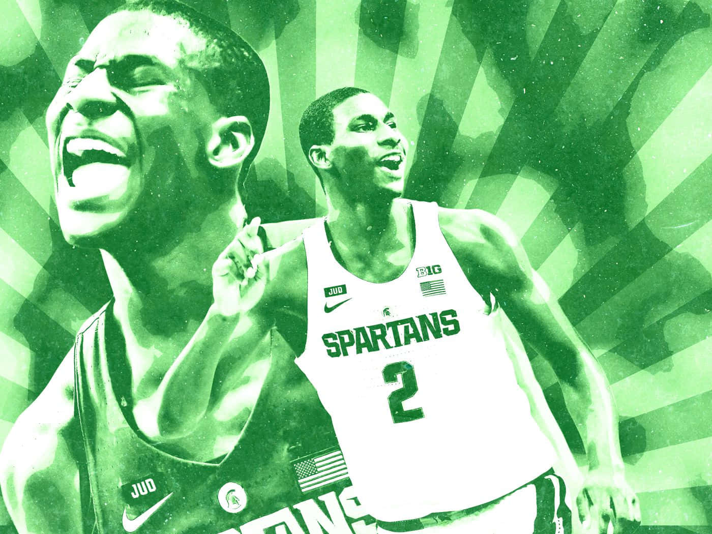 Jaren Jackson Jr, green and white Spartans jerseys, radiant green striped background, HD Desktop Wallpaper