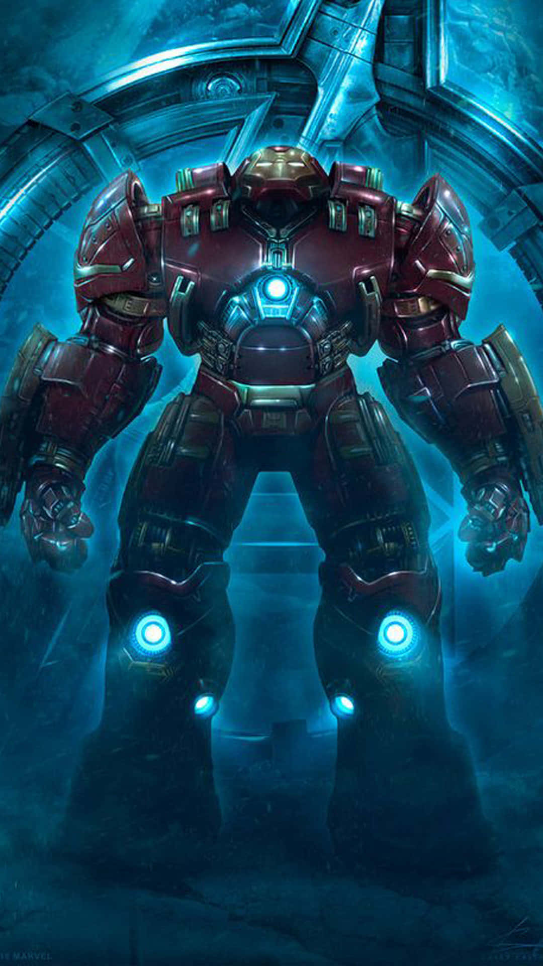 Jarvis, red and gold armored suit, glowing blue lights, Full HD Phone Wallpaper