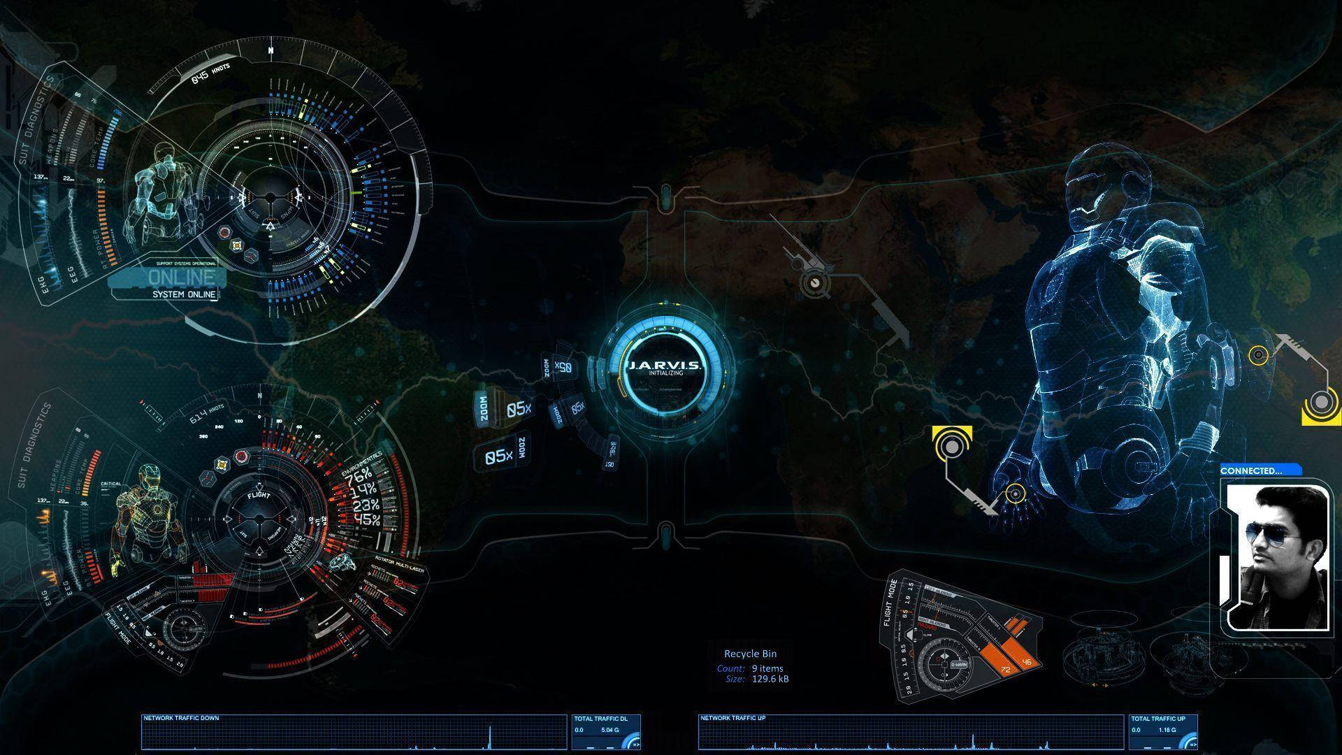 Jarvis, holographic interface, glowing blue and red data panels, Full HD Desktop Wallpaper