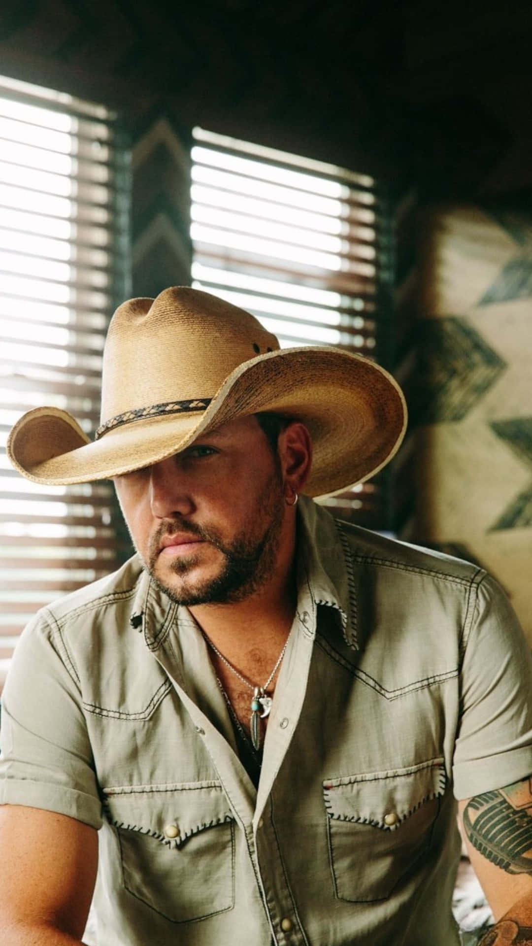 Jason Aldean, straw cowboy hat, olive shirt, Full HD Phone Wallpaper