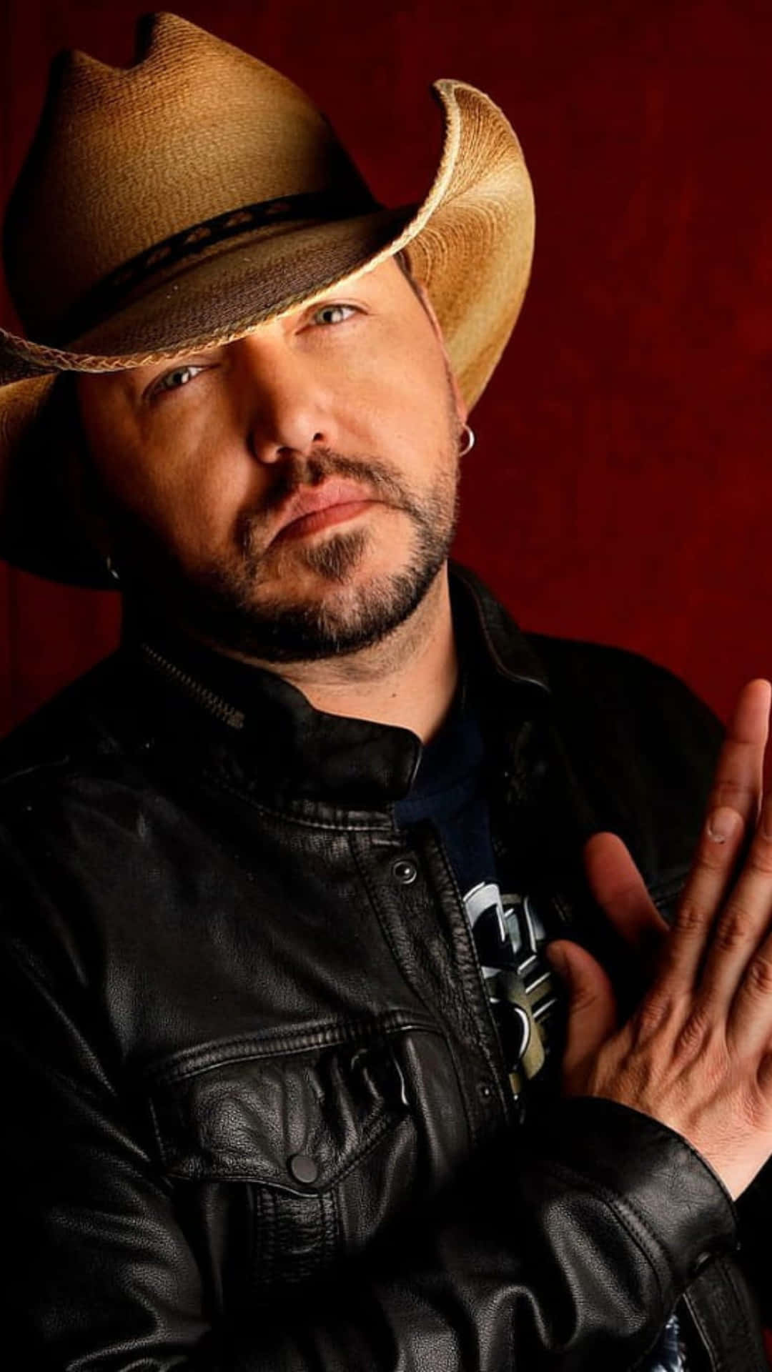 Jason Aldean, tan cowboy hat, black leather jacket, Full HD Phone Wallpaper