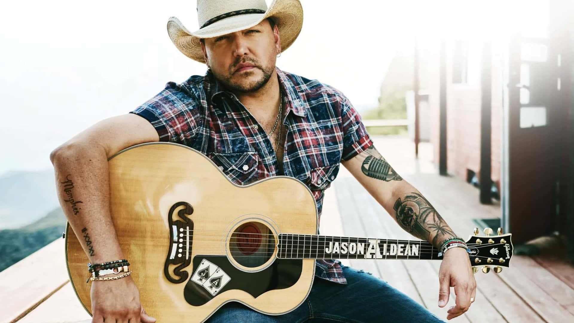 Jason Aldean, acoustic guitar, wooden porch, Full HD Desktop Wallpaper