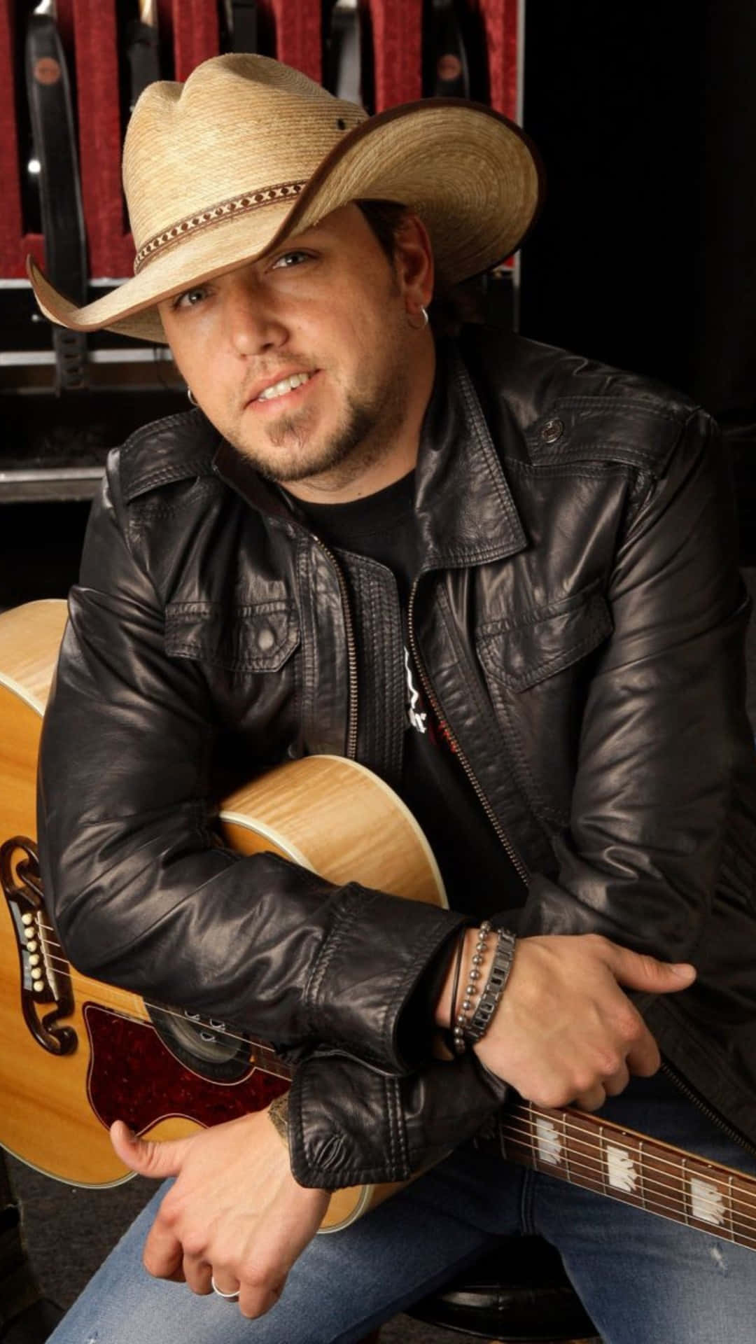 Jason Aldean, straw cowboy hat, black leather jacket, Full HD Phone Wallpaper