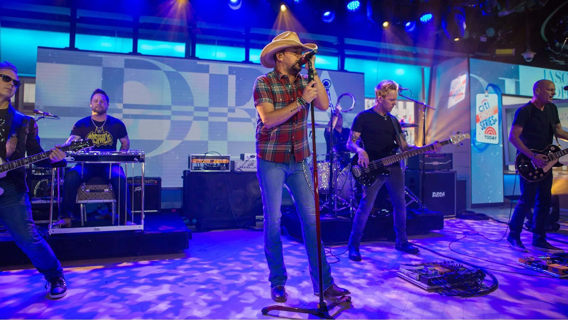 Jason Aldean, vibrant blue lit stage, cowboy hat, Full HD Desktop Wallpaper