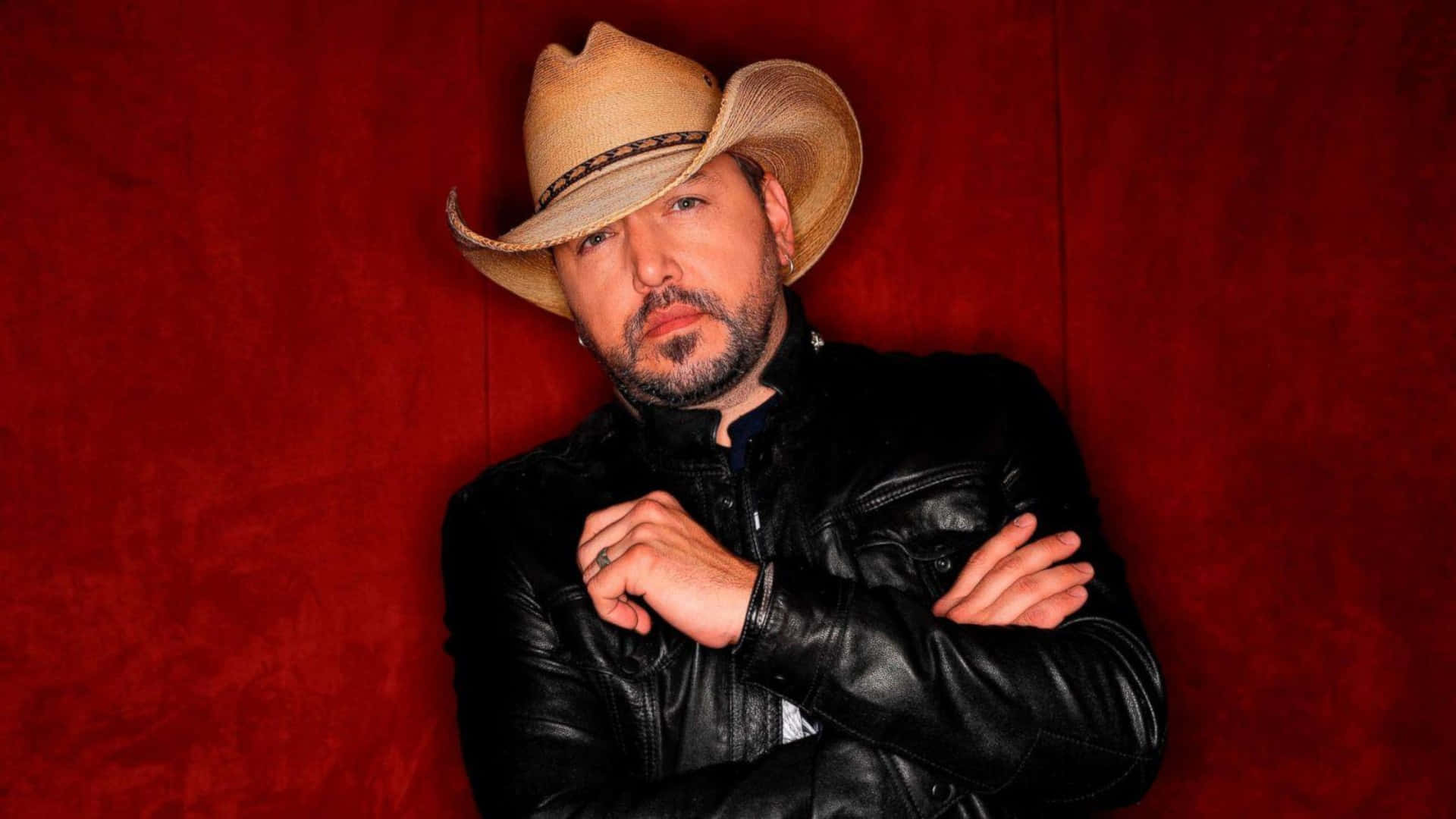 Jason Aldean, tan cowboy hat, black leather jacket, Full HD Desktop Wallpaper