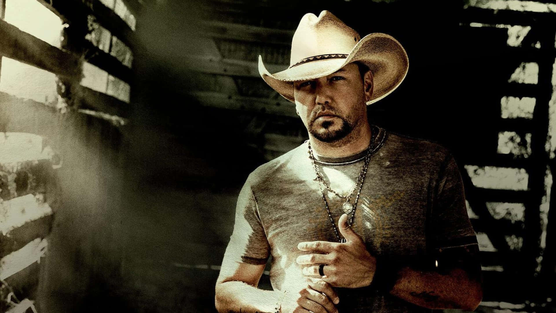 Jason Aldean, cowboy hat, dim barn, Full HD Desktop Wallpaper