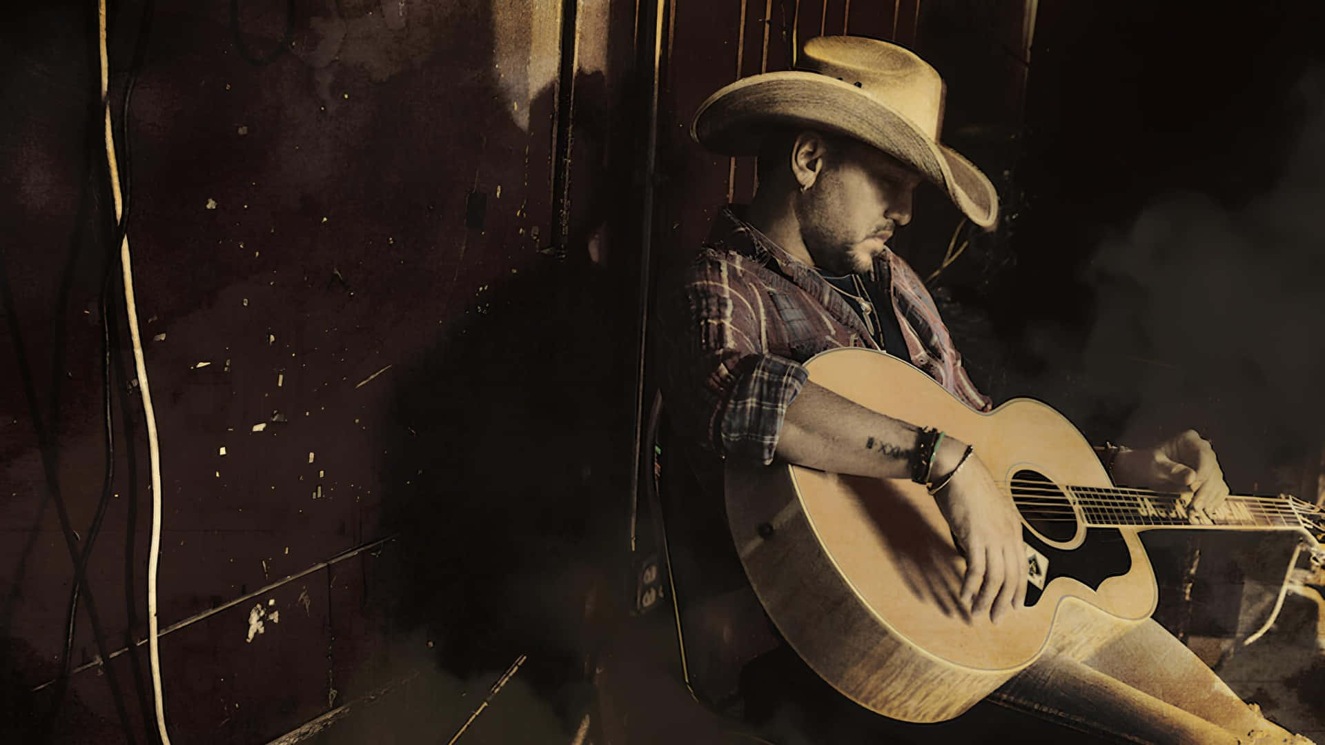 Jason Aldean, acoustic guitar, straw hat, Full HD Desktop Wallpaper