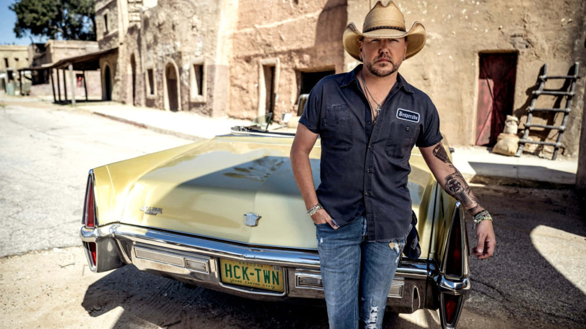 Jason Aldean, cowboy hat, vintage gold Cadillac, Full HD Desktop Wallpaper