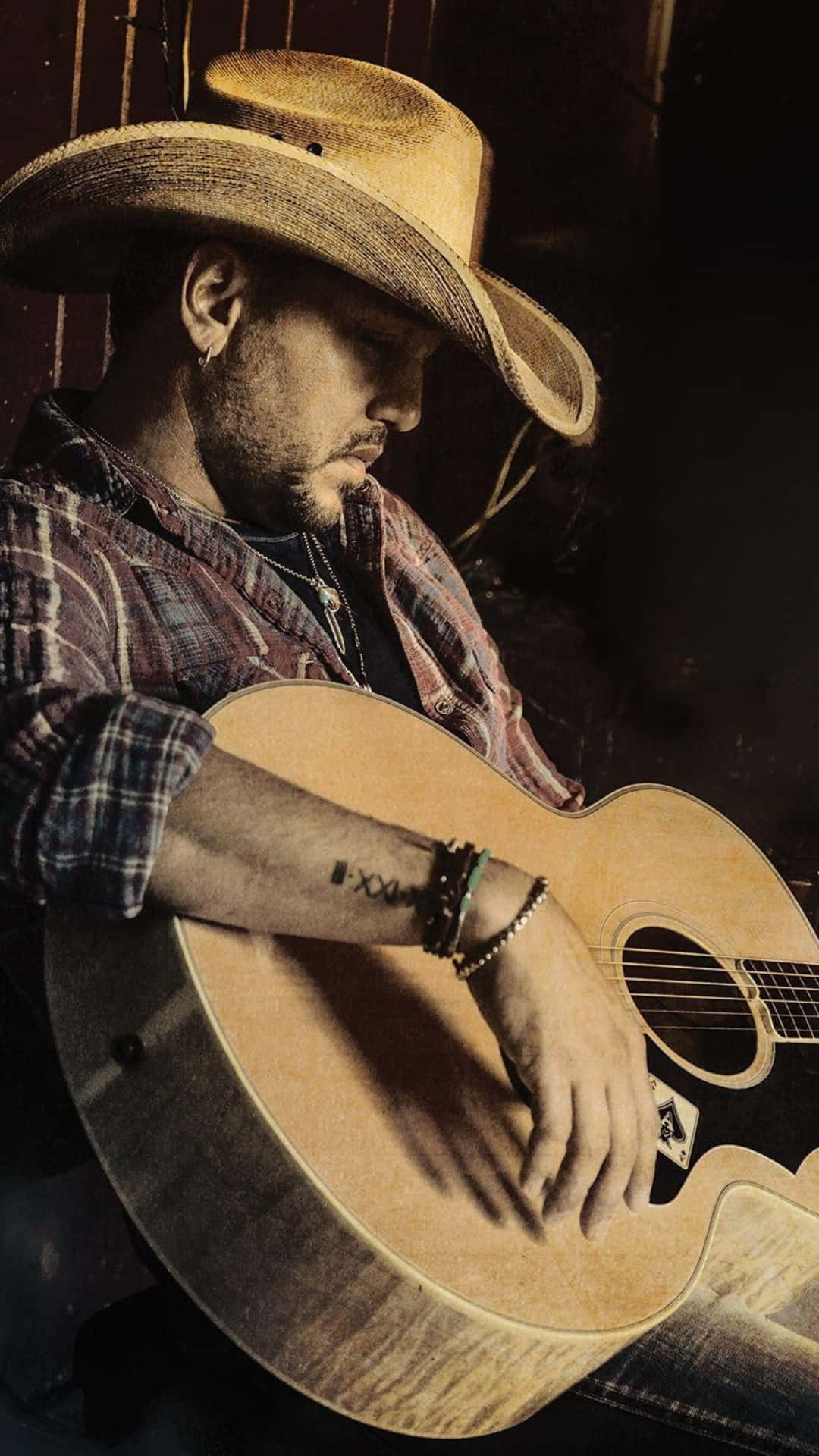 Jason Aldean, straw cowboy hat, plaid shirt, Full HD Phone Wallpaper