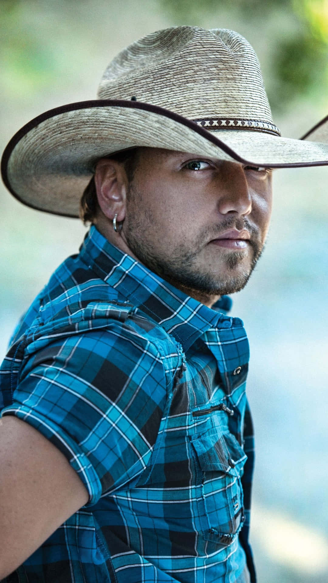 Jason Aldean, straw cowboy hat, blue plaid shirt, Full HD Phone Wallpaper