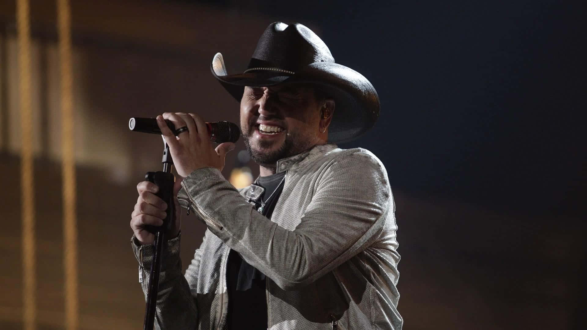 Jason Aldean, black cowboy hat, microphone, Full HD Desktop Wallpaper