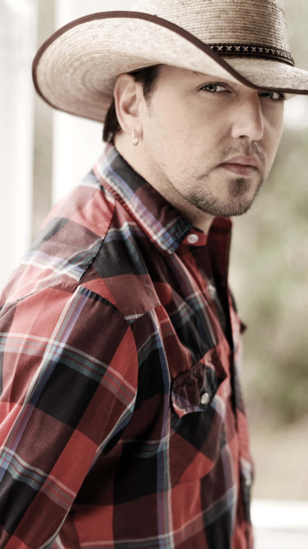 Jason Aldean, straw cowboy hat, red plaid shirt, Full HD Phone Wallpaper