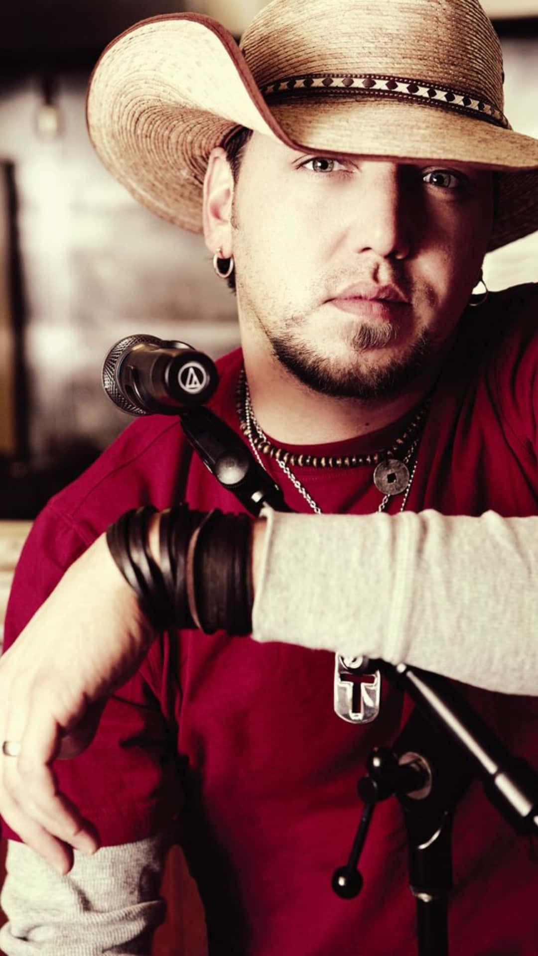 Jason Aldean, straw cowboy hat, red shirt, Full HD Phone Wallpaper