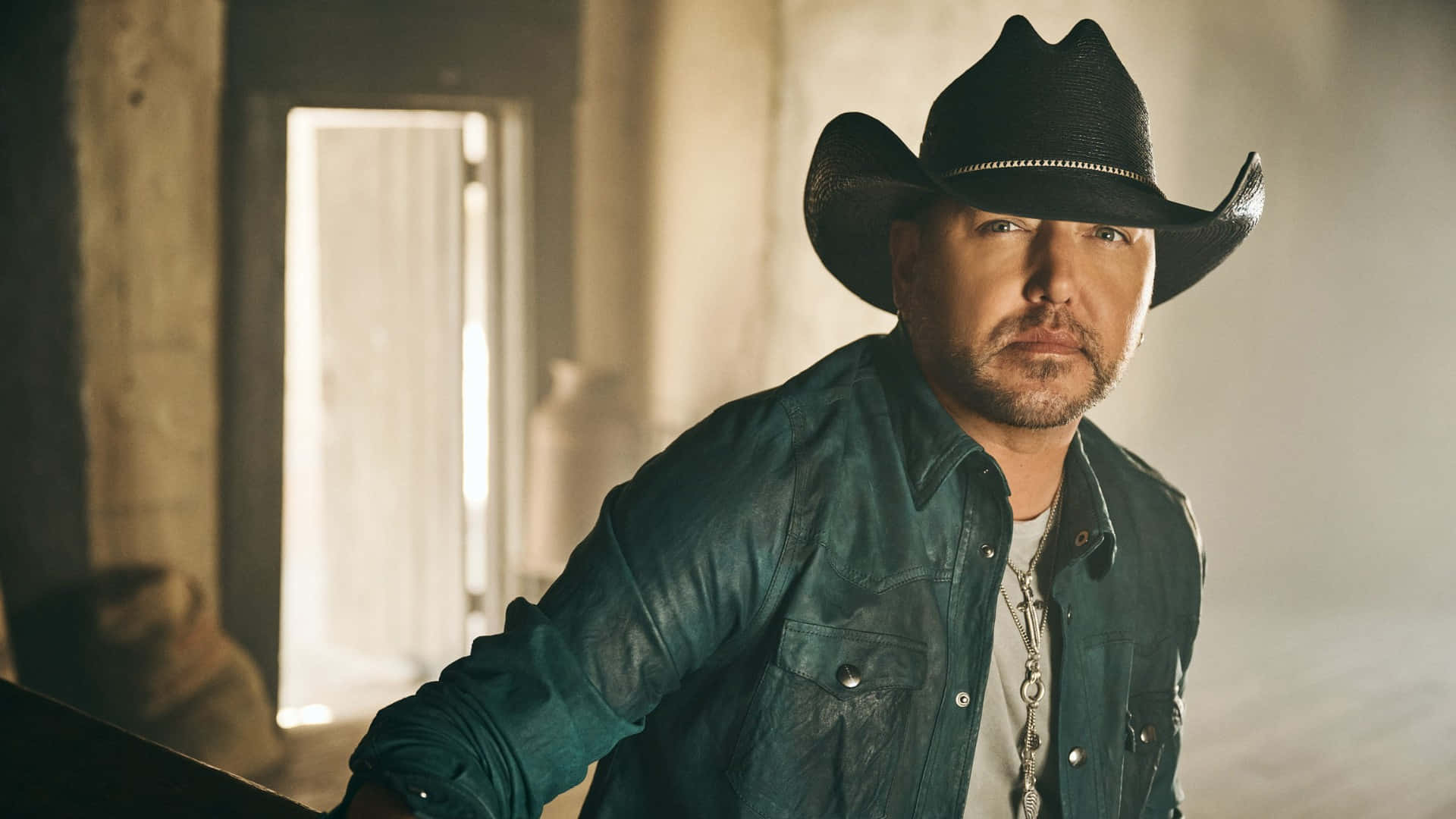 Jason Aldean, black cowboy hat, teal leather jacket, Full HD Desktop Wallpaper