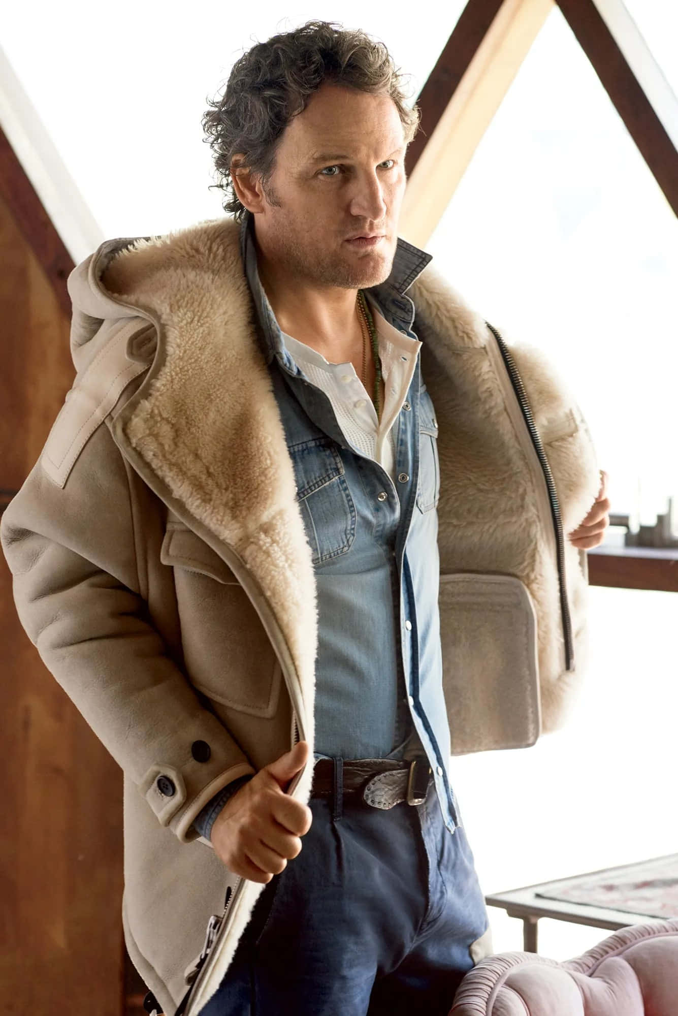 Jason Clarke, shearling coat, wooden beams, Full HD Phone Wallpaper