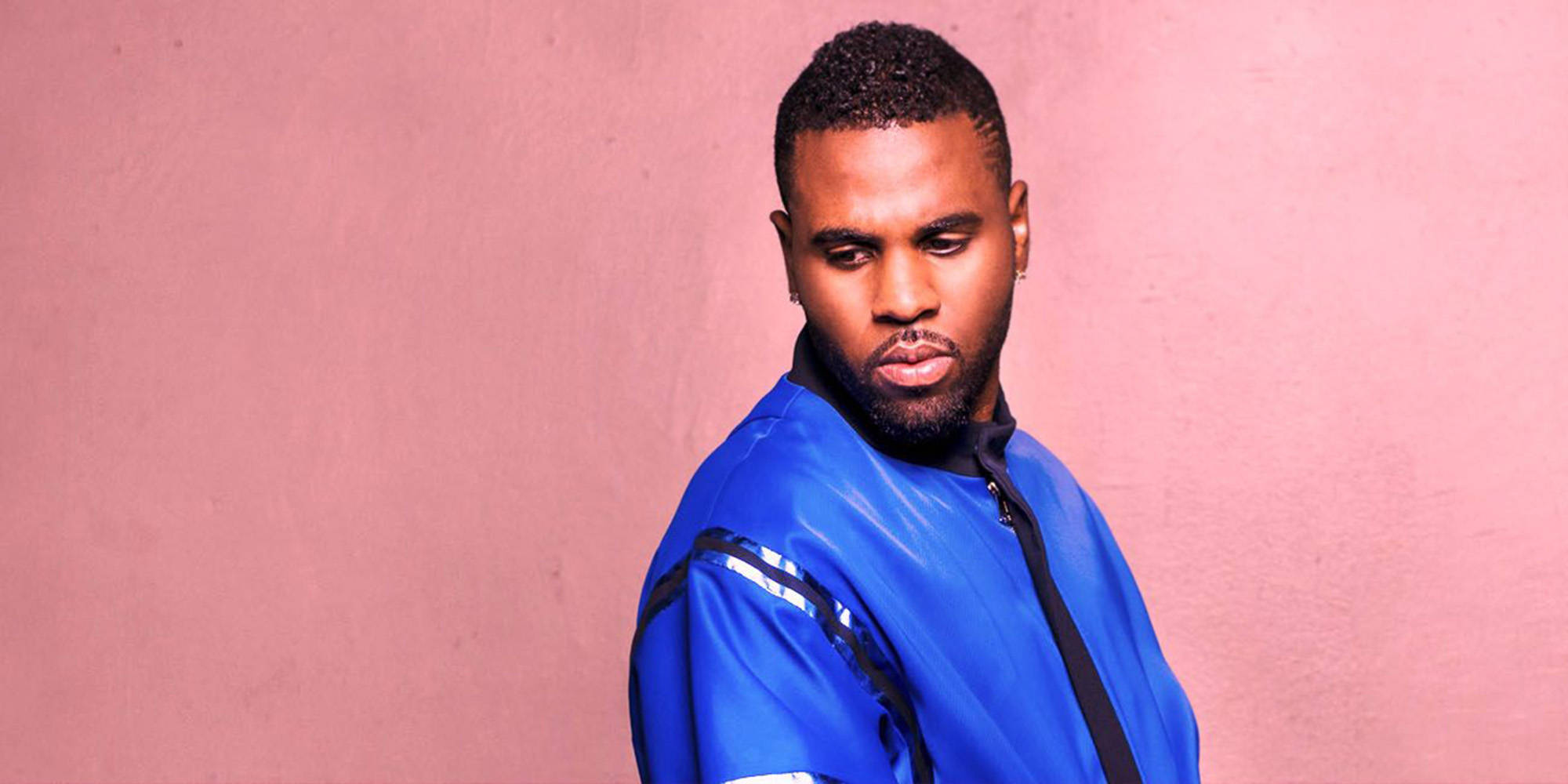Jason Derulo, shiny blue jacket, textured pink wall, Full HD Desktop Wallpaper