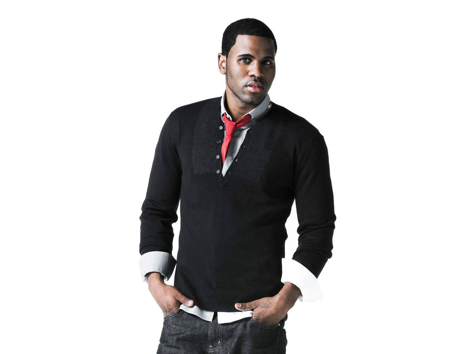 Jason Derulo, black sweater, red tie, Full HD Desktop Wallpaper