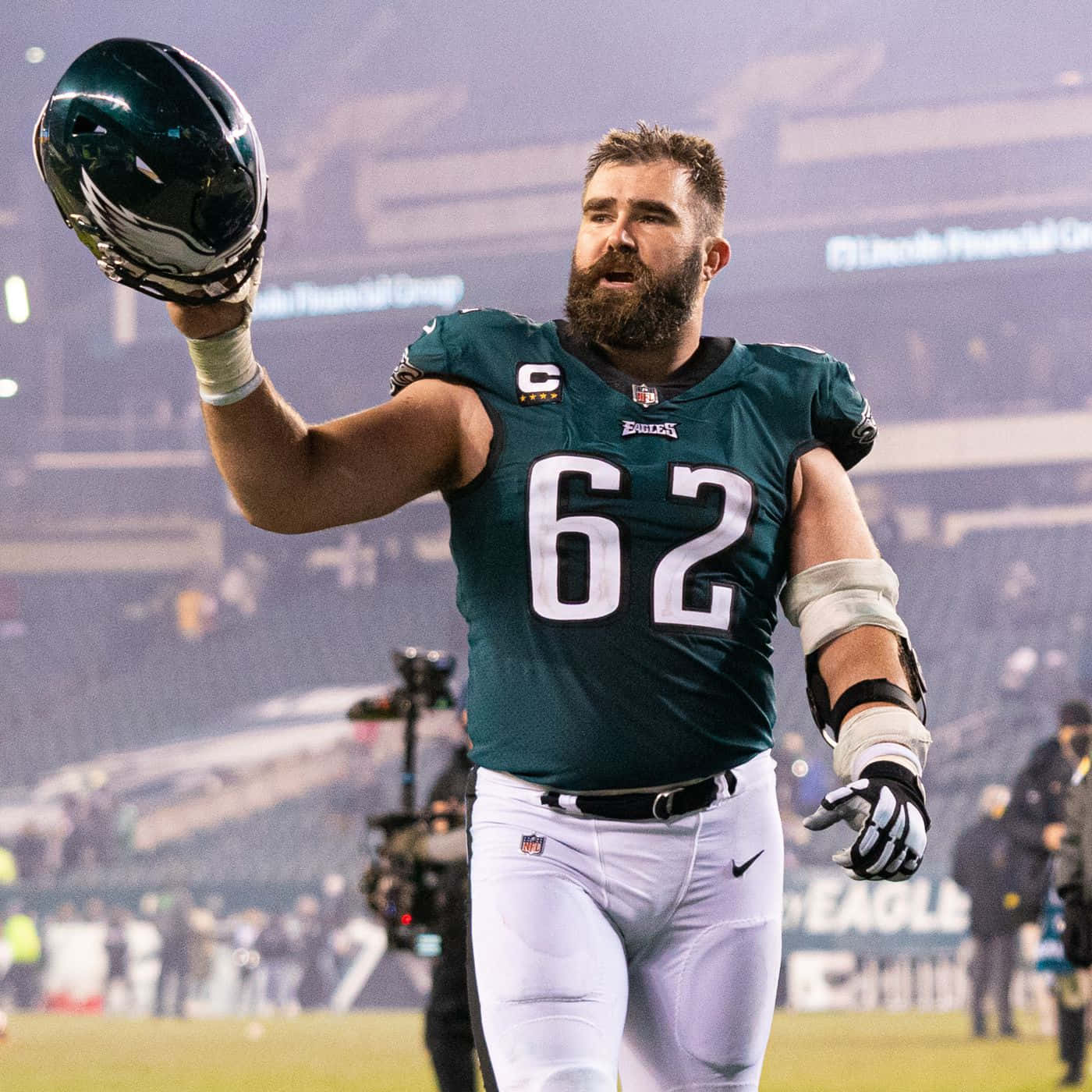 Jason Kelce, green Eagles jersey, stadium field, HD Desktop Wallpaper