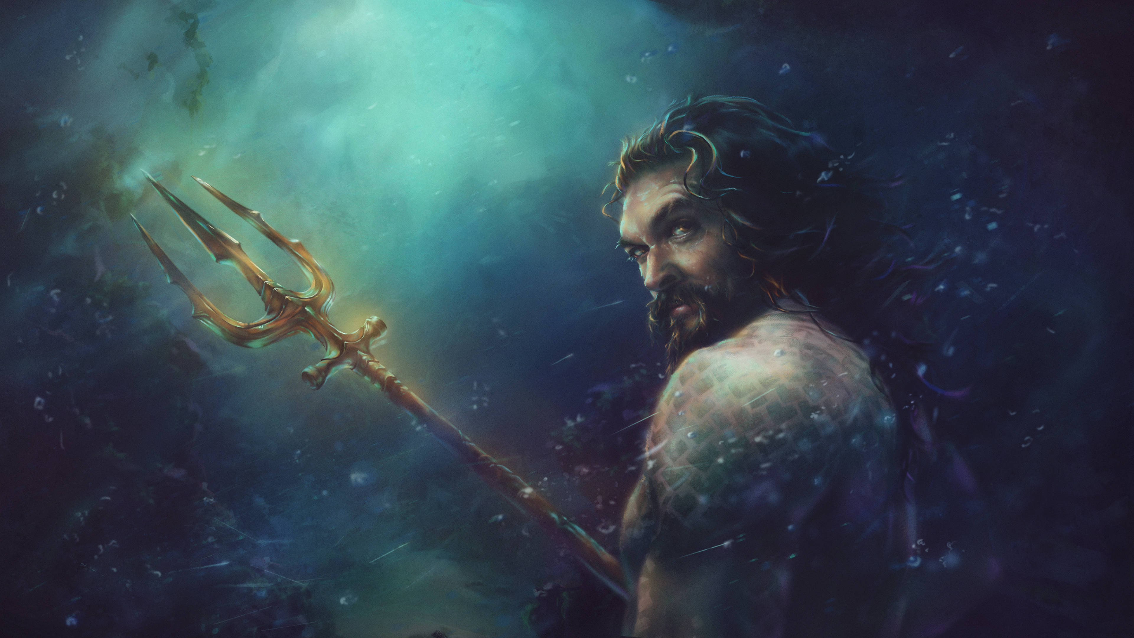 Jason Momoa, trident, glowing trident, 4K Desktop Wallpaper