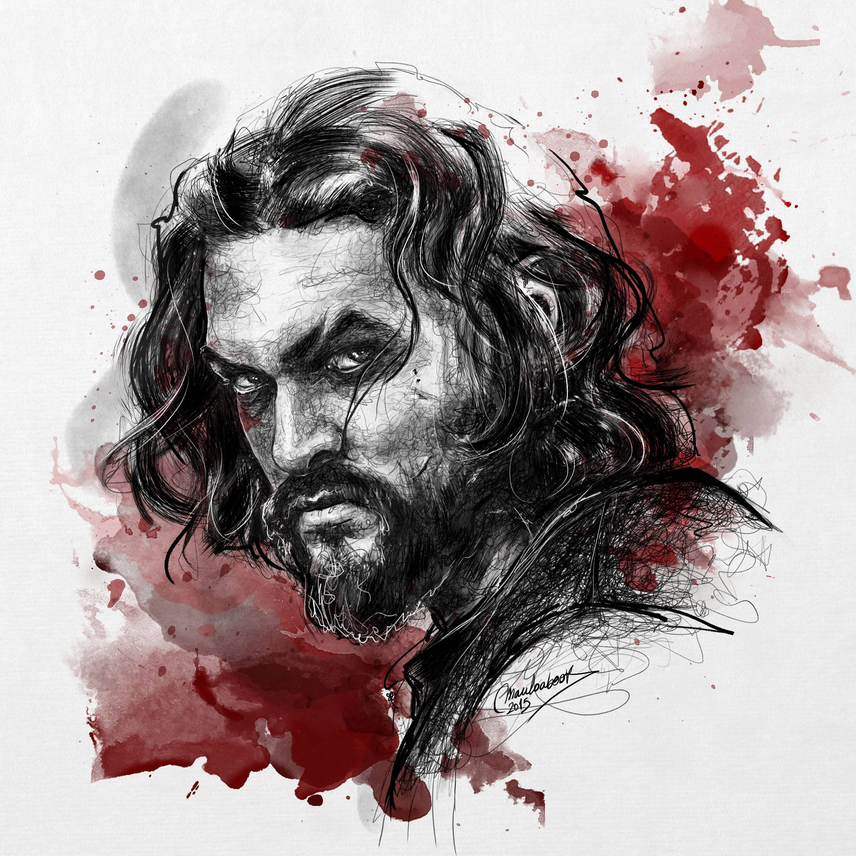 Jason Momoa, ink, watercolor, 2K Desktop Wallpaper