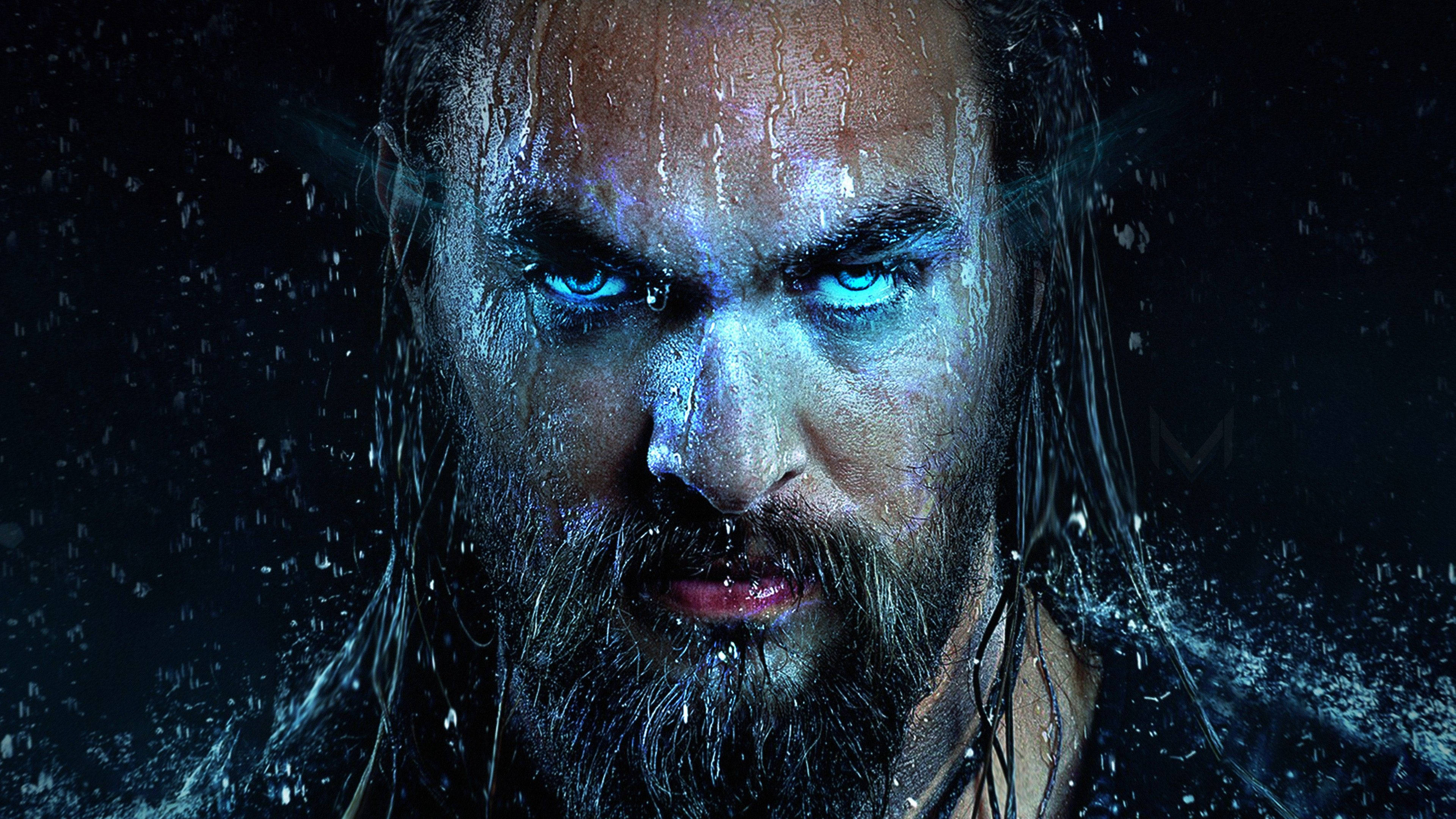 Jason Momoa, glowing blue eyes, wet hair, 4K Desktop Wallpaper