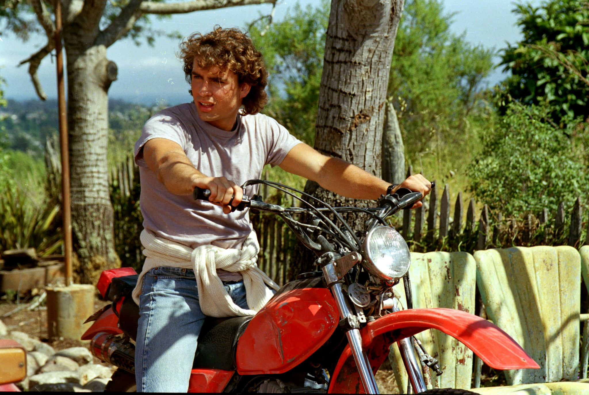 Jason Patric, red dirt bike, tree, Full HD Desktop Wallpaper