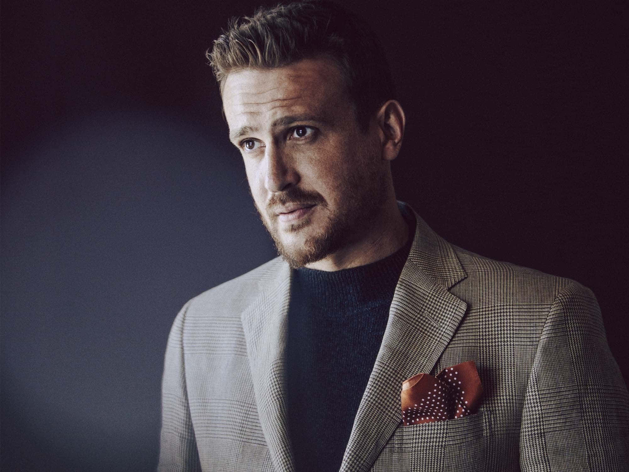 Jason Segel, checkered blazer, dark moody backdrop, Full HD Desktop Wallpaper
