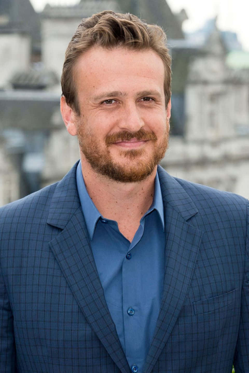 Jason Segel, blue checkered suit, beard, HD Phone Wallpaper