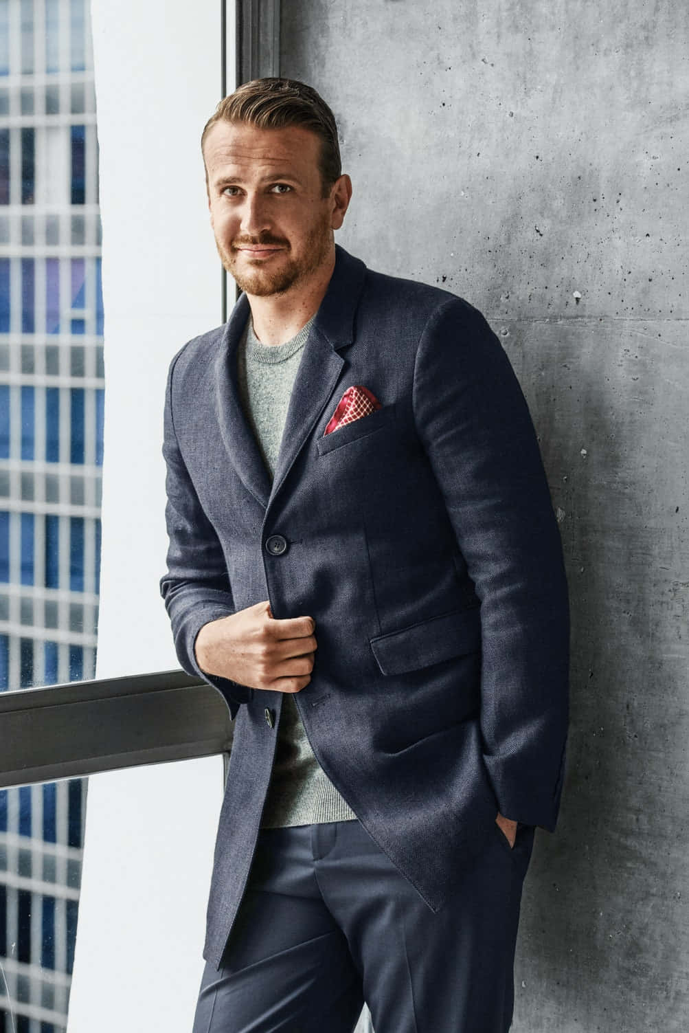 Jason Segel, navy blazer, grey tee, HD Phone Wallpaper