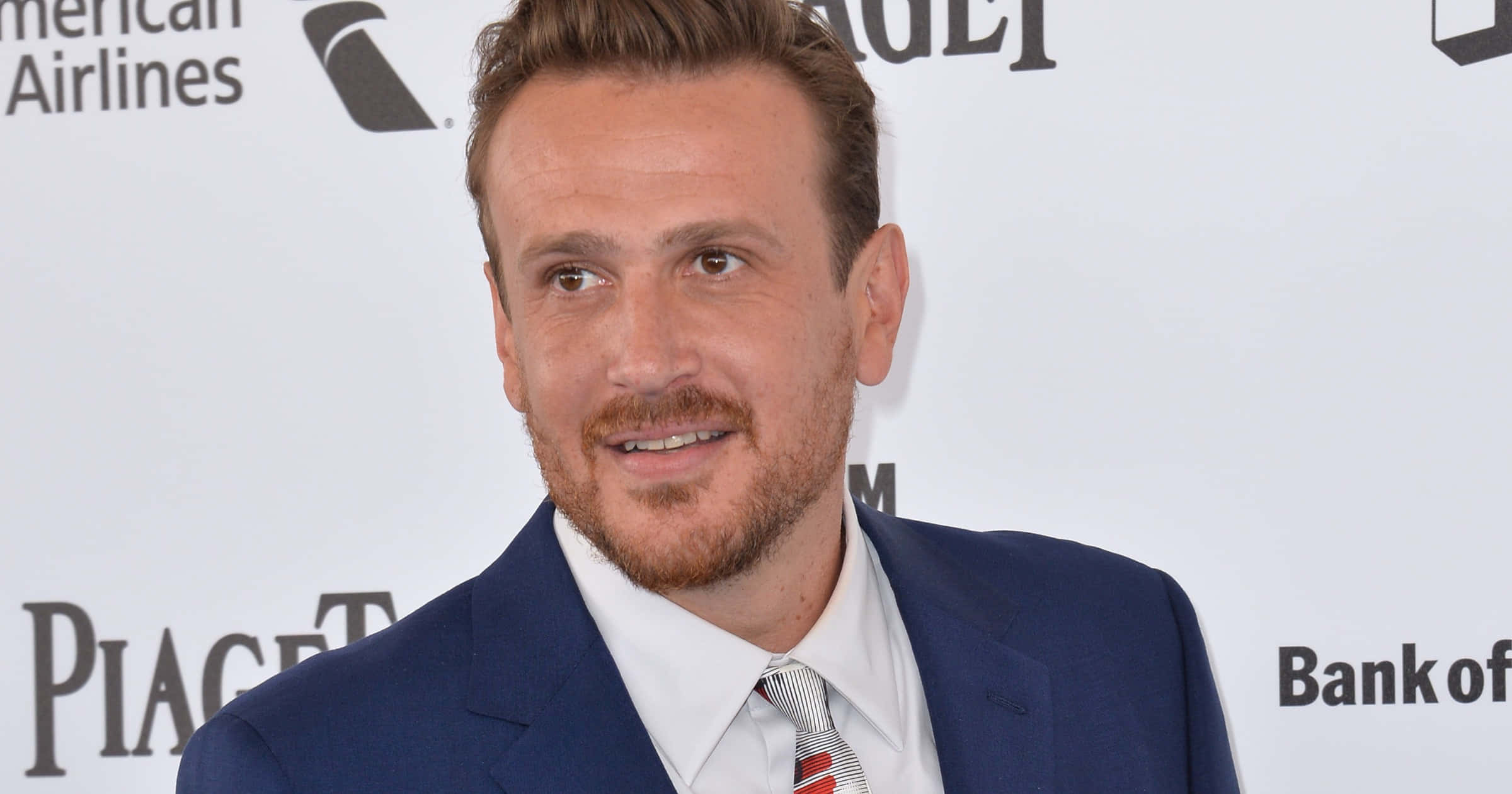 Jason Segel, blue suit, striped tie, Full HD Desktop Wallpaper