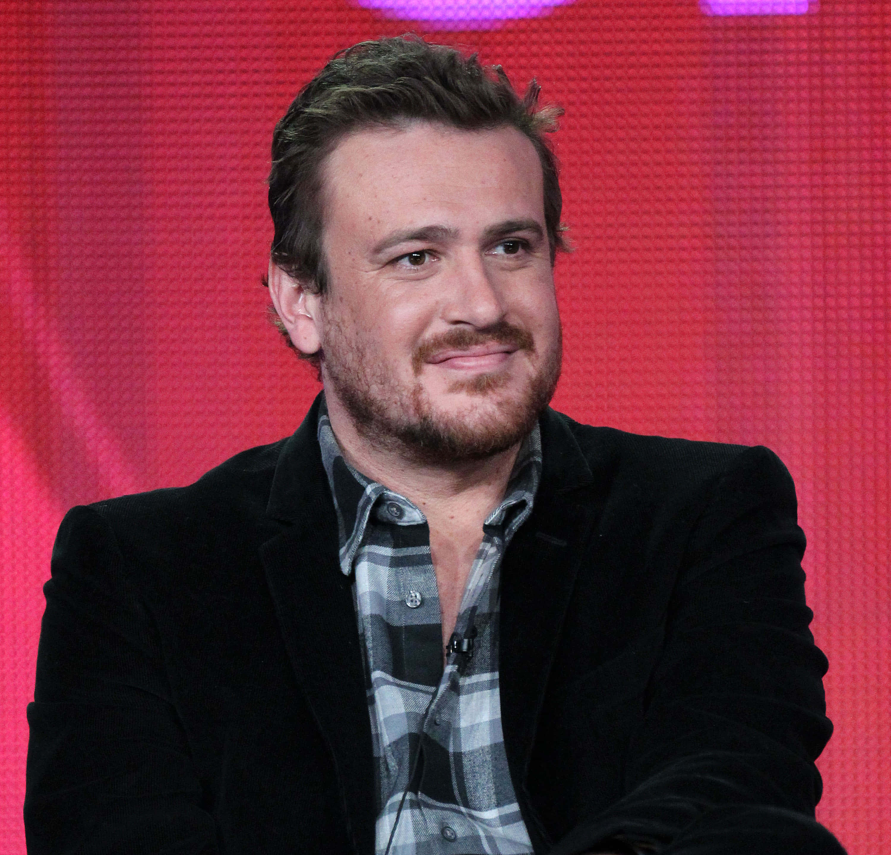 Jason Segel, vibrant red, pixelated background, 2K Desktop Wallpaper