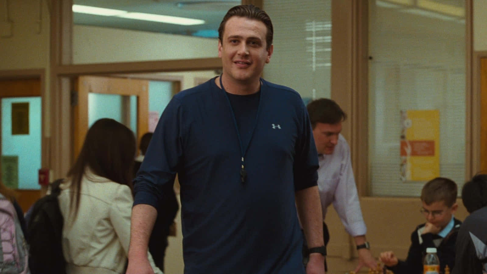 Jason Segel, blue Under Armour shirt, bustling school hallway, HD Desktop Wallpaper