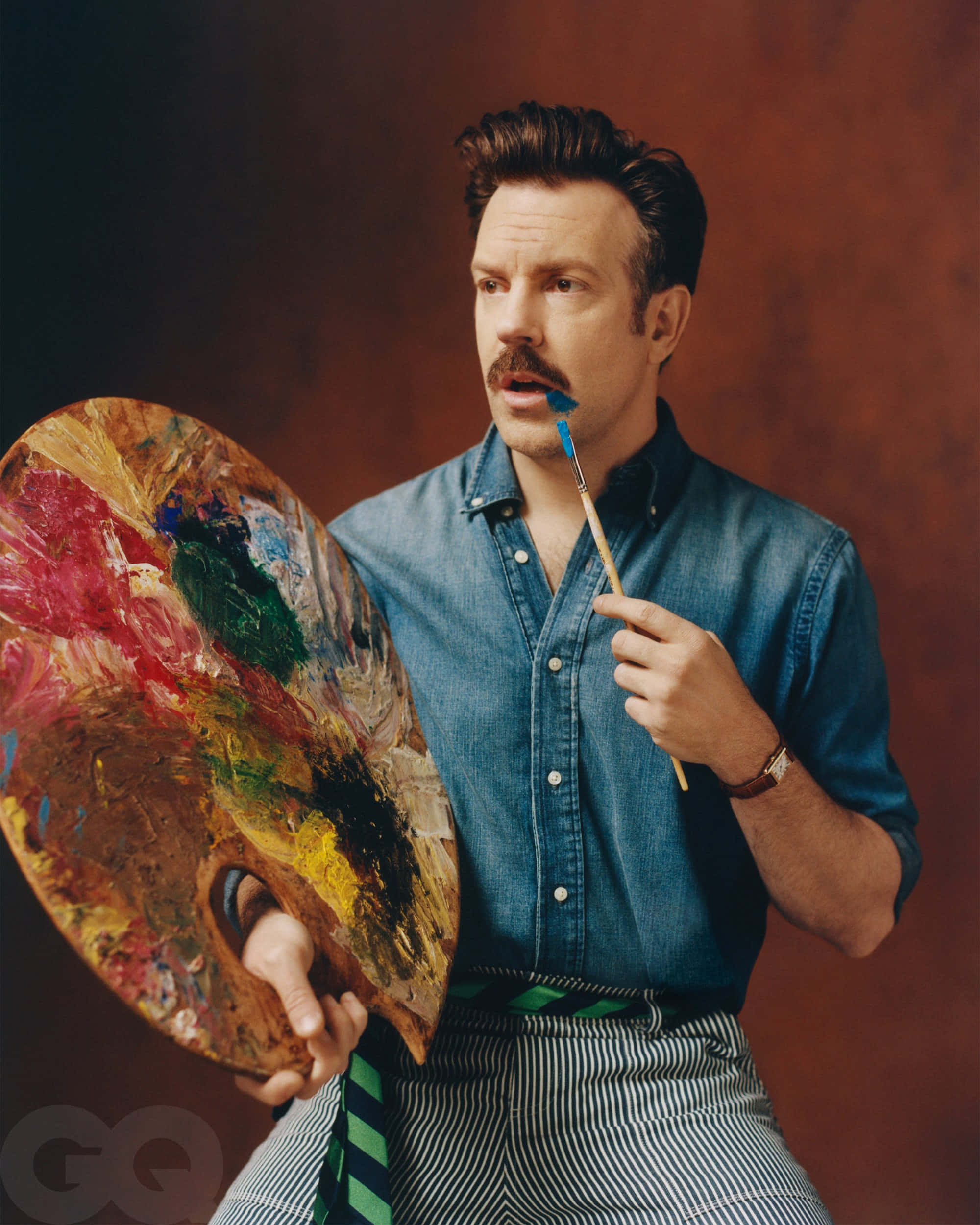 Jason Sudeikis, mustache, paint palette, Full HD Phone Wallpaper